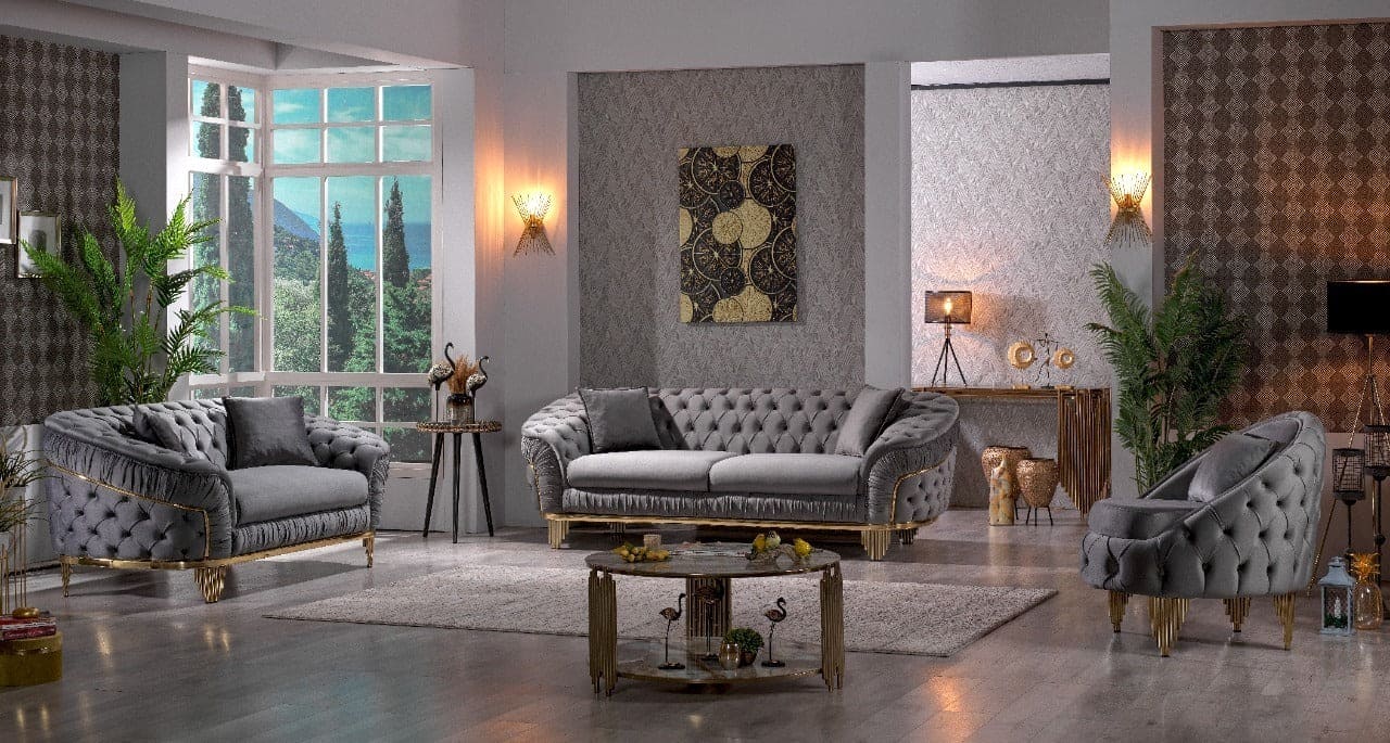 Vanessa Loveseat in Grey and Gold with Fabric button-tufted velvet upholstery Finish