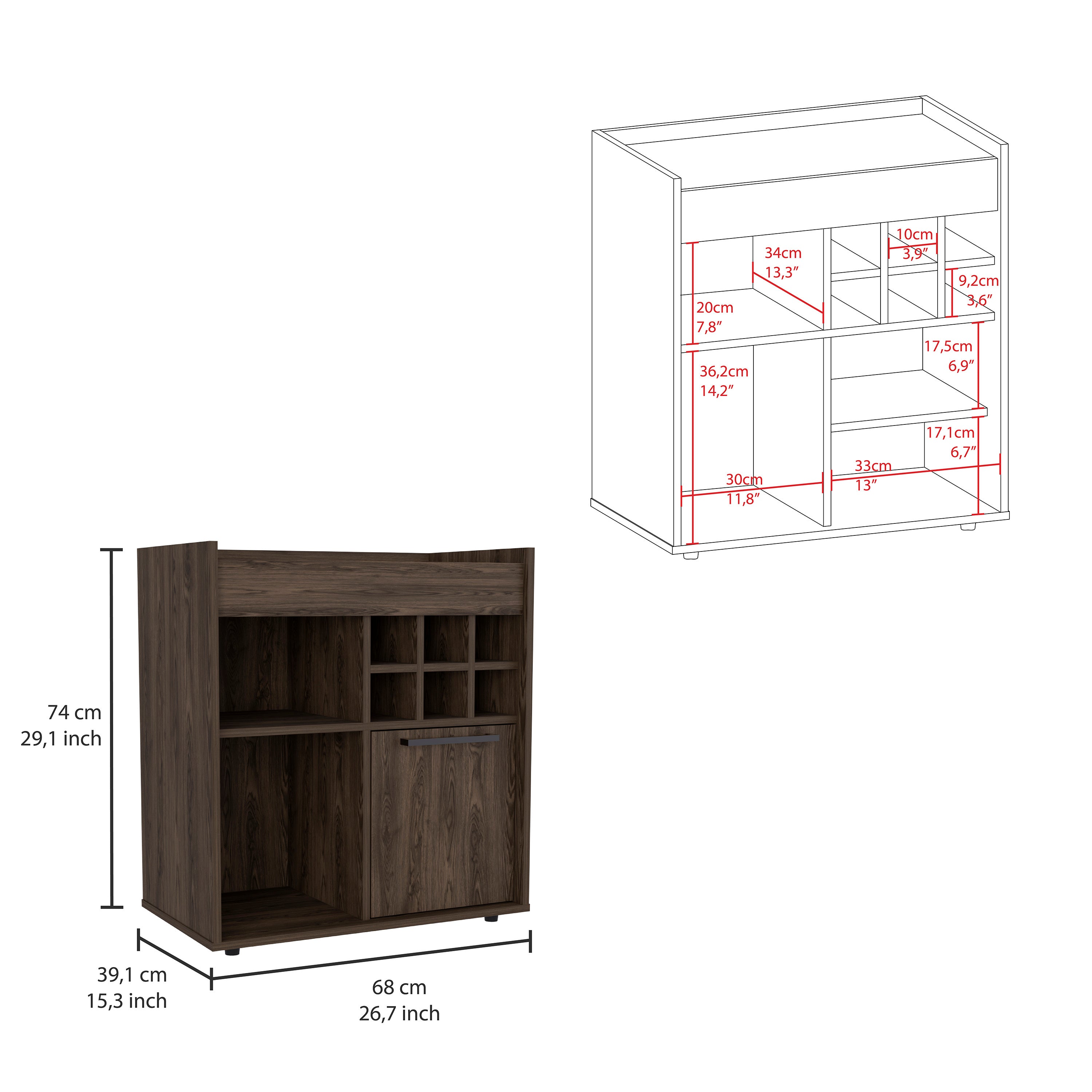 Bar Cabinet Dext, Two Concealed Shelves, Six Wine Cubbies, Dark Walnut Finish