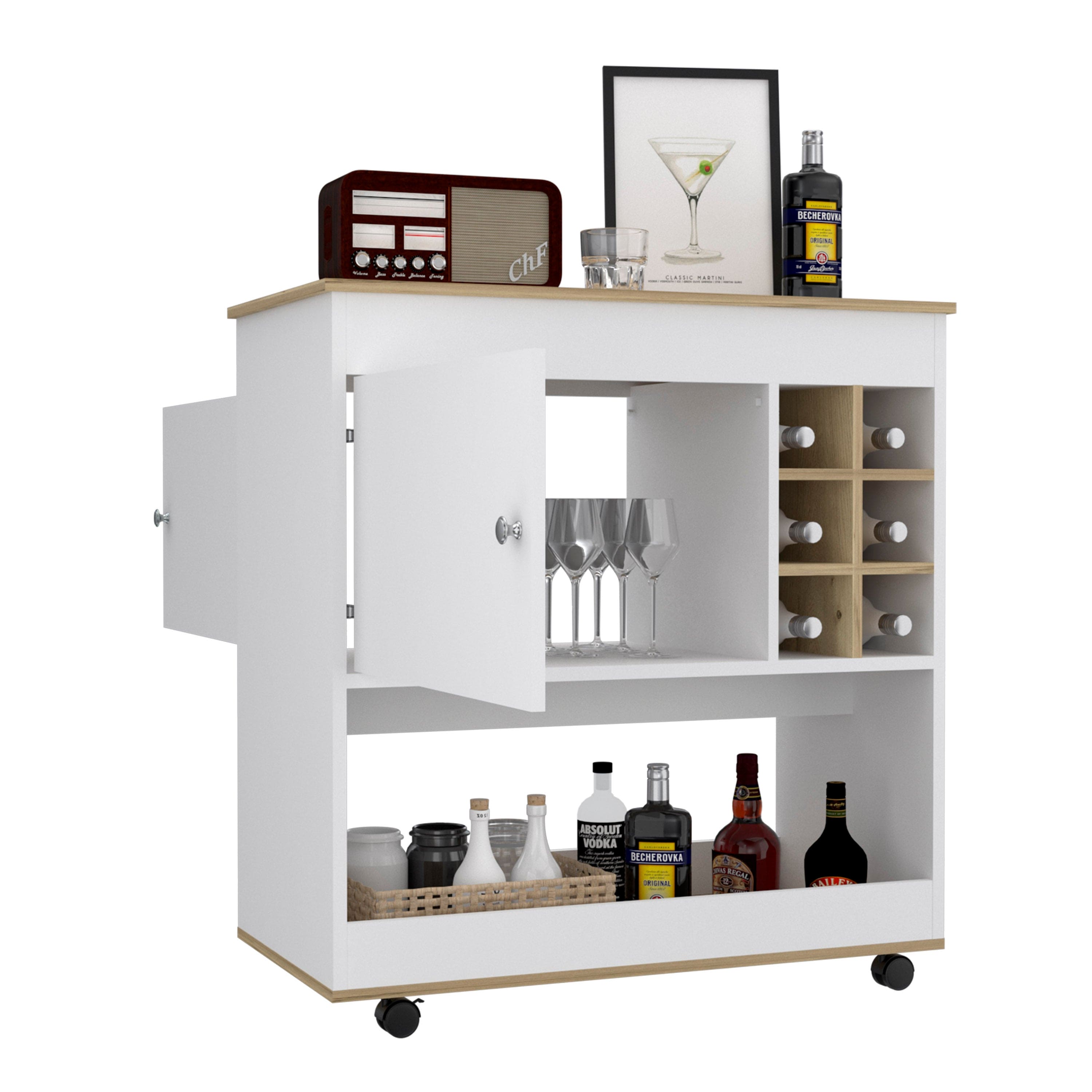 Bar Cart Aloha, Lower Panel, Six Bottle Cubbies, One Cabinet, Light Oak / White Finish