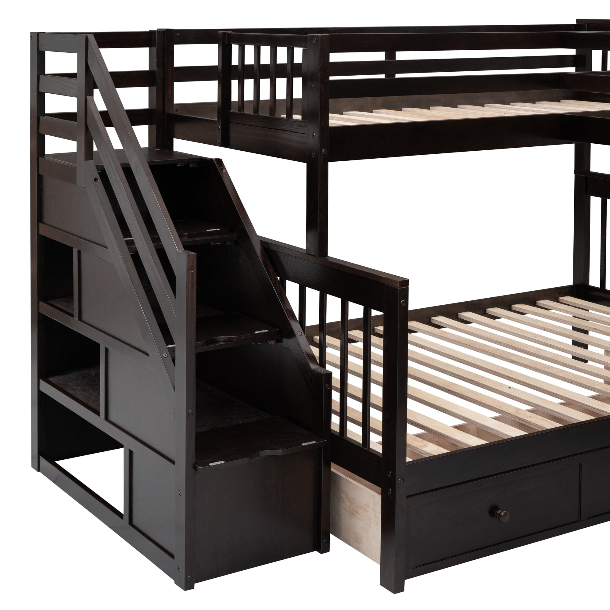 Twin-Twin over Full L-Shaped Bunk Bed With 3 Drawers, Portable Desk and Wardrobe, Espresso