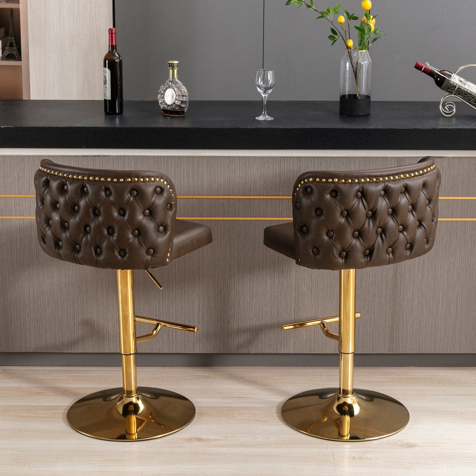 A&A Furniture,Swivel Barstools Adjusatble Seat Height, Modern PU Upholstered Bar Stools with  the whole Back Tufted, for Home Pub and Kitchen Island（Brown, Set of 2）