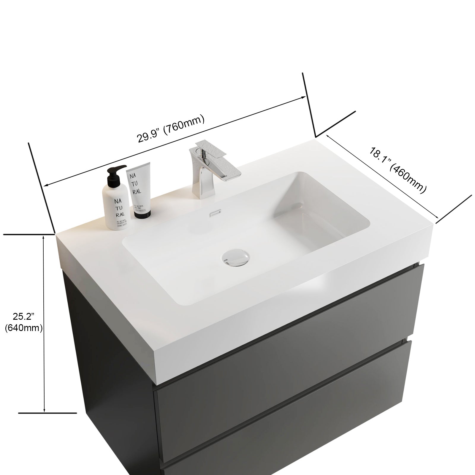 Alice 30" Gray Bathroom Vanity with Sink, Large Storage Wall Mounted Floating Bathroom Vanity for Modern Bathroom, One-Piece White Sink Basin without Drain and Faucet