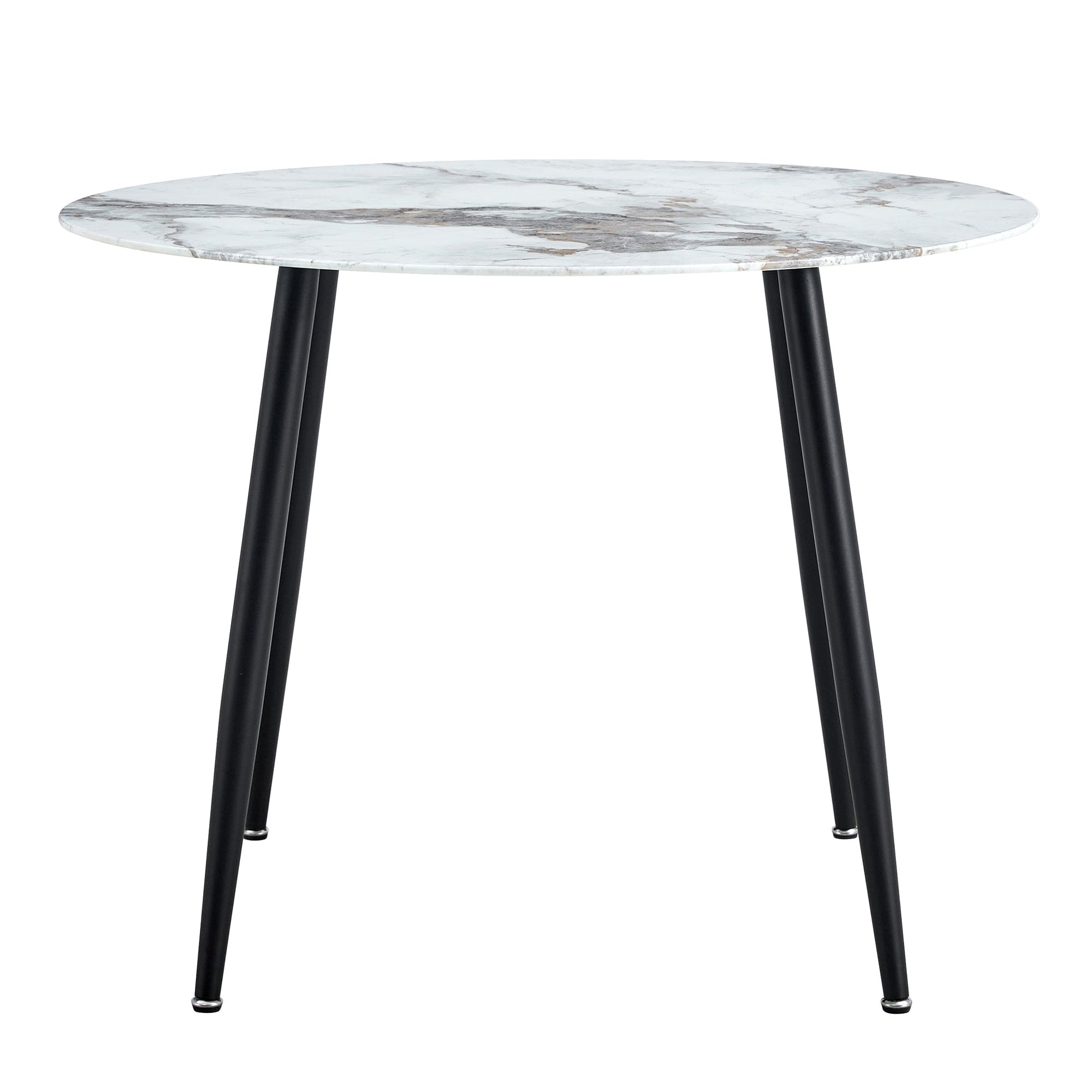 A modern minimalist circular dining table with a diameter of 40 inches, a 0.3 inch thick white imitation marble pattern tabletop and black metal legs  40 '* 40' * 30 'DT-1164