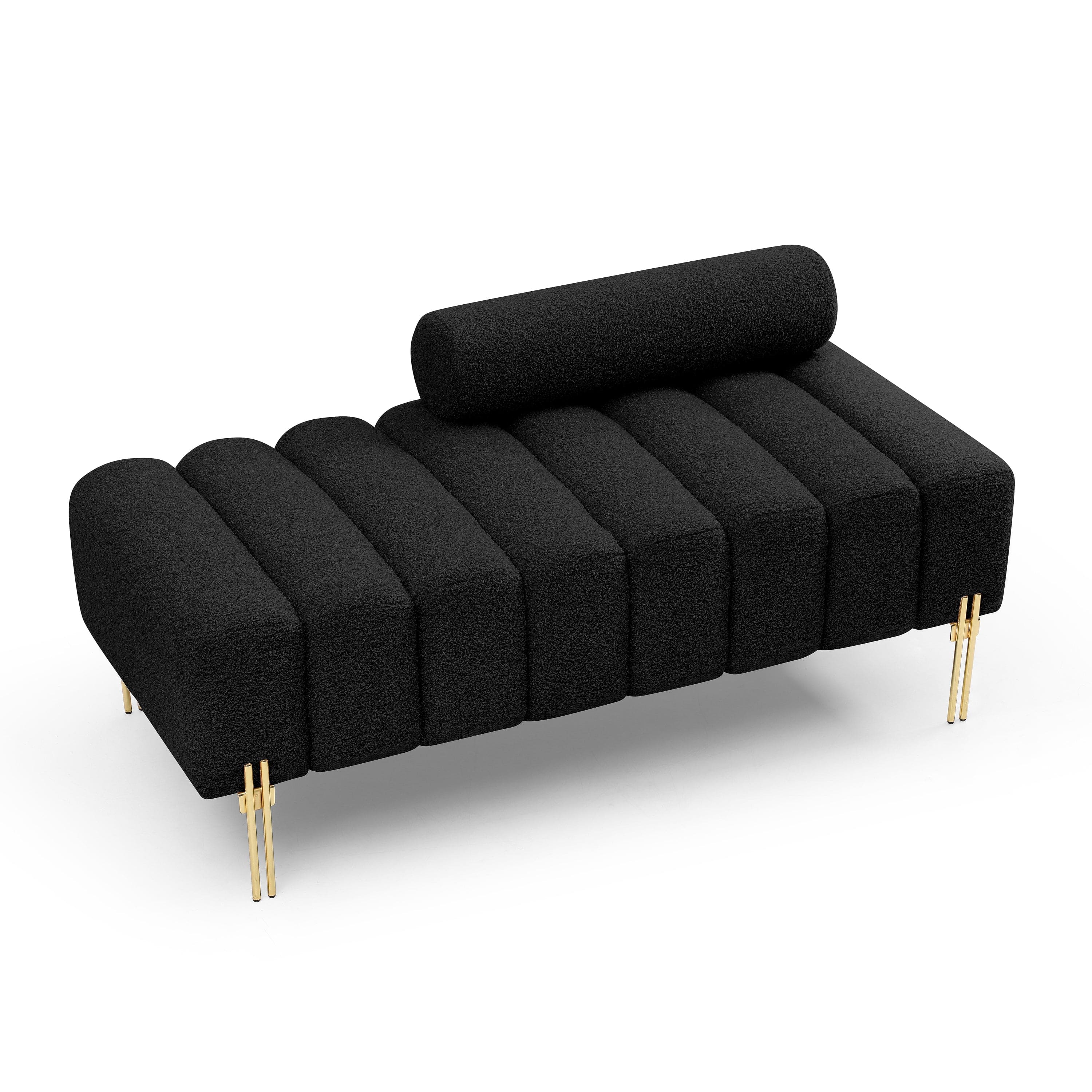 53.2" Width Modern End of Bed Bench Sherpa Fabric Upholstered 2 Seater Sofa Couch Entryway Ottoman Bench Fuzzy Sofa Stool Footrest Window Bench with Gold Metal Legs for Bedroom Living Room,Black