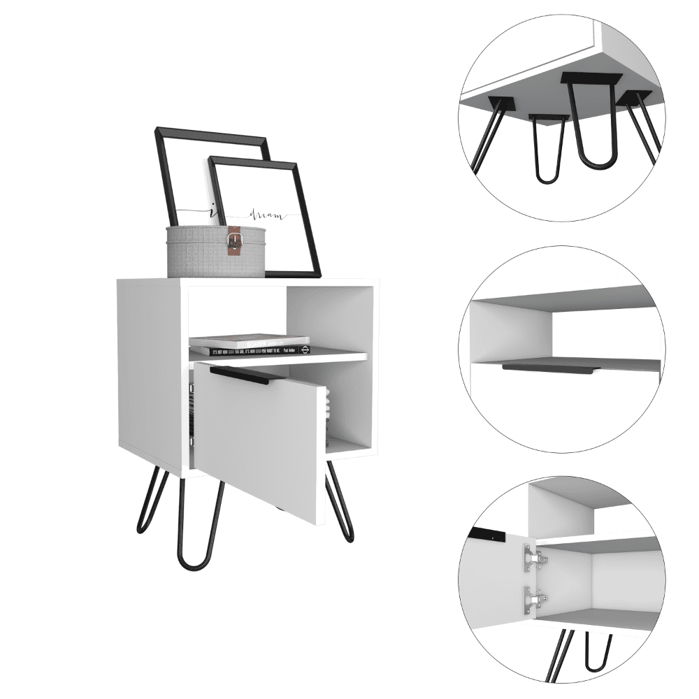 Augusta Nightstand, Single Door Cabinet, Hairpin Legs -White