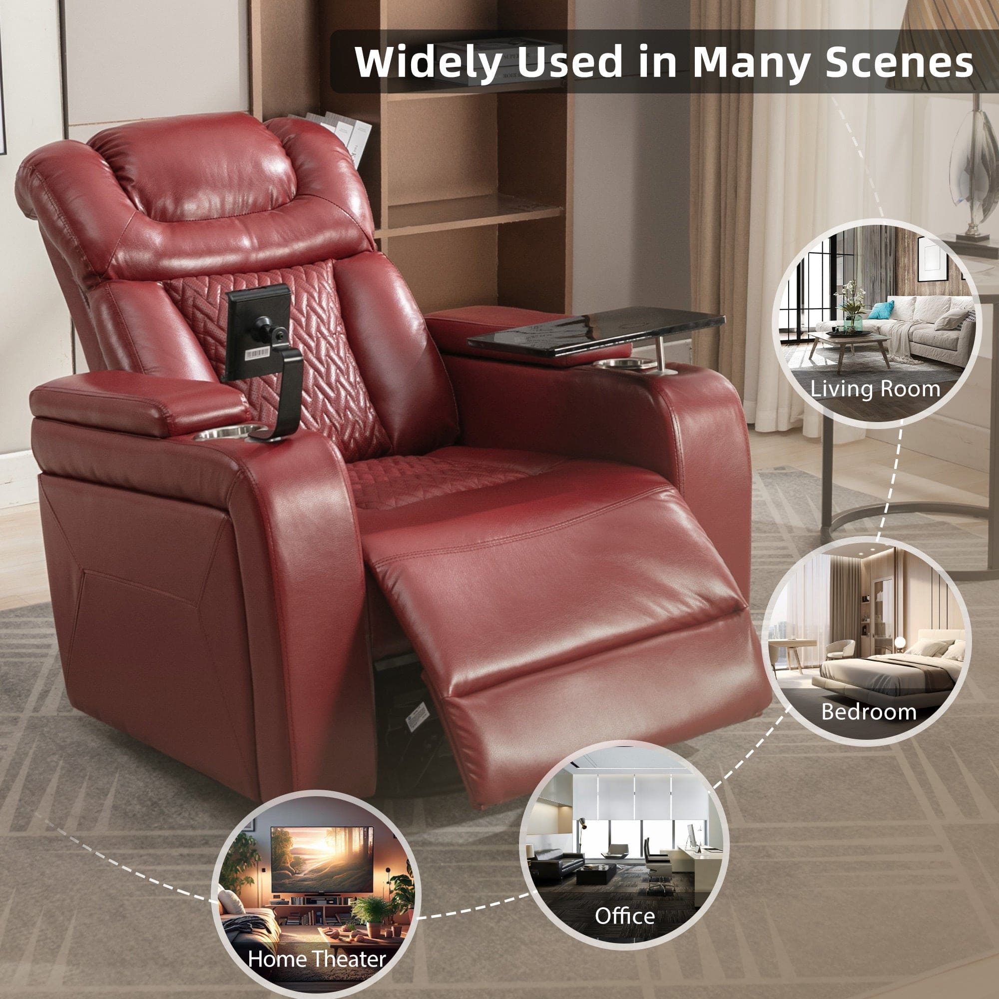 270 Degree Swivel PU Leather Power Recliner Individual Seat Home Theater Recliner with  Comforable Backrest, Tray Table,  Phone Holder, Cup Holder,  USB Port, Hidden Arm Storage for Living Room, Red