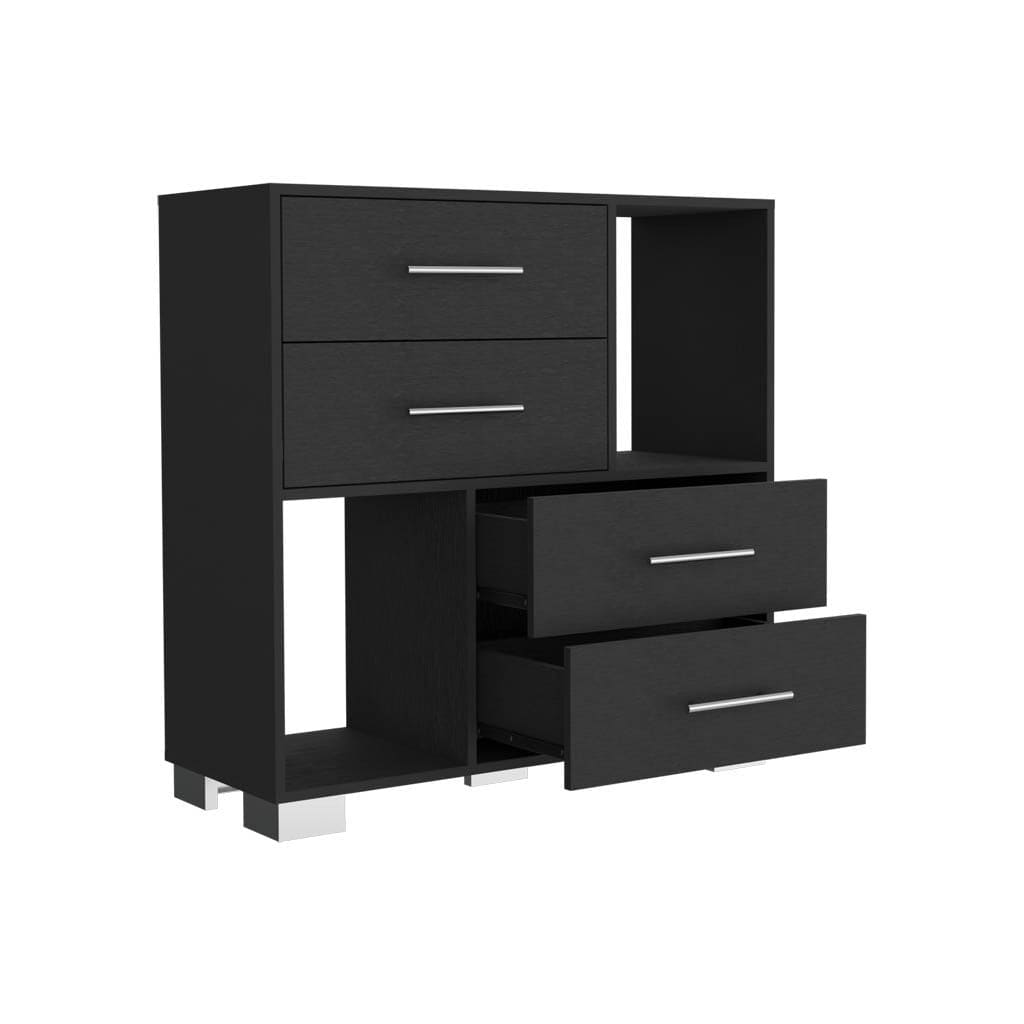 Dresser Hetzs, Four Drawers, Two Open Shelves, Black Wengue Finish