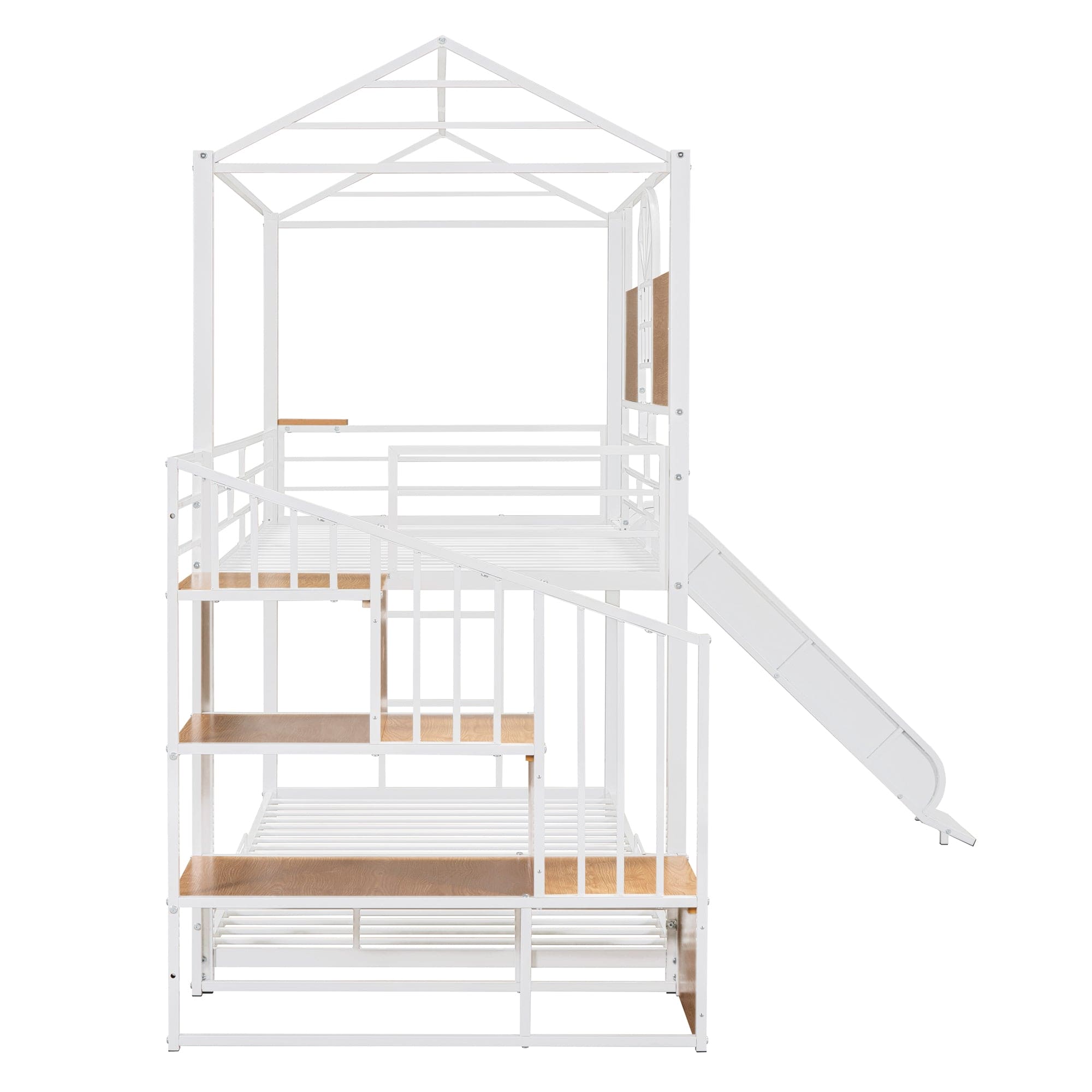 Twin Over Twin Metal Bunk Bed, Metal Housebed with Slide and Storage Stair, White with White Slide