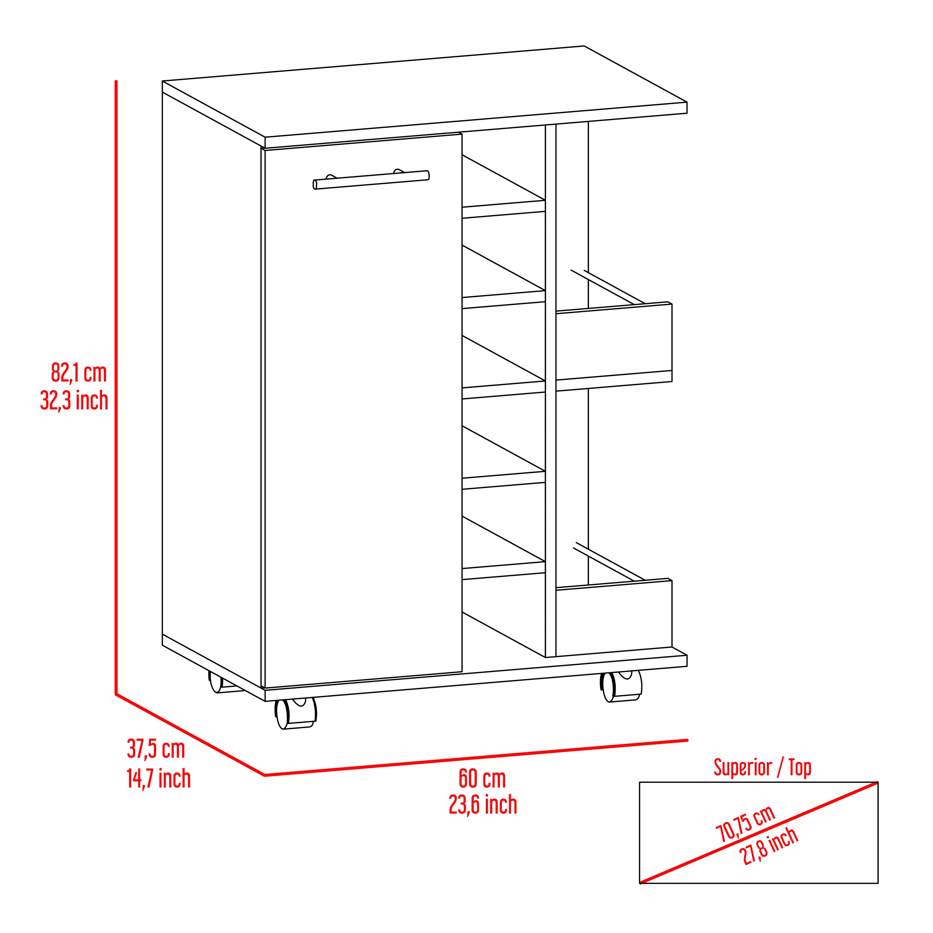 Bar Cart Wells, Four Casters, Six Wine Cubbies, Single Door Cabinet, White Finish