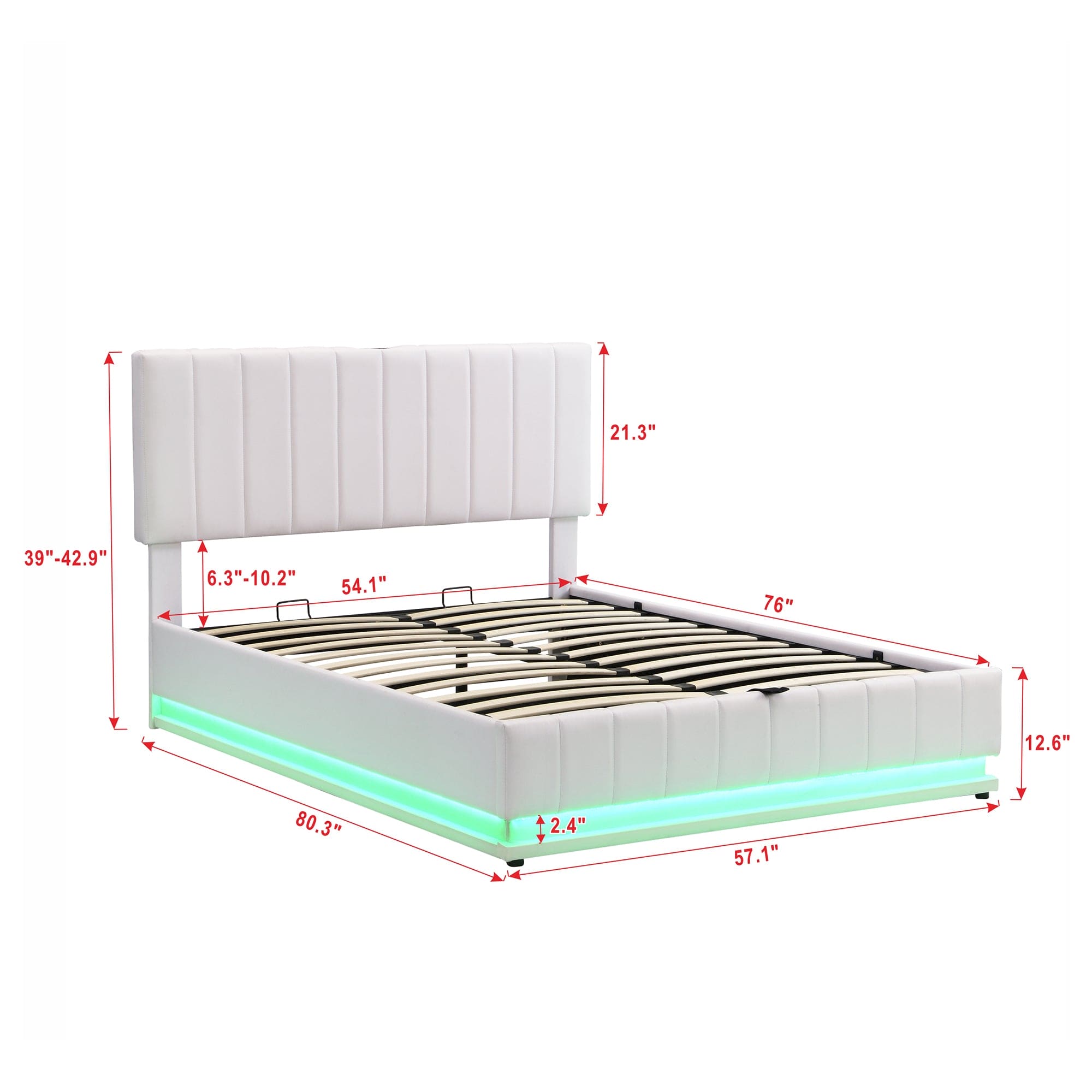 Full Size Upholstered Bed with Hydraulic Storage System and LED Light, Modern Platform Bed with Sockets and USB Ports, White