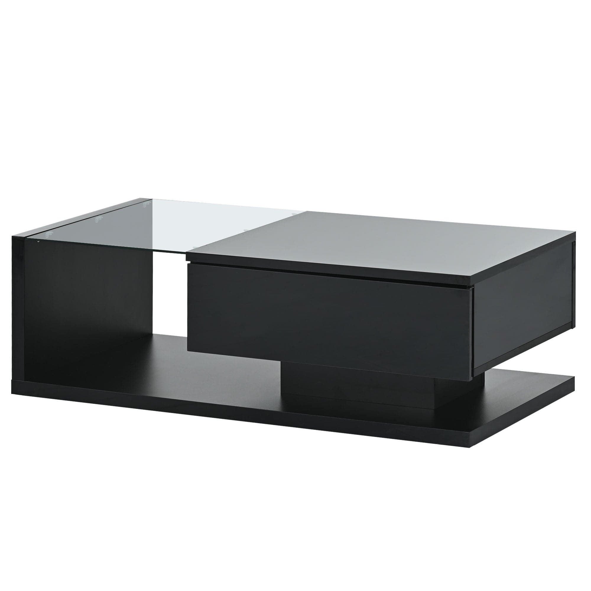 ON-TREND Modern Coffee Table with Tempered Glass, Wooden Cocktail Table with High-gloss UV Surface, Modernist 2-Tier Rectangle Center Table for Living Room, Black