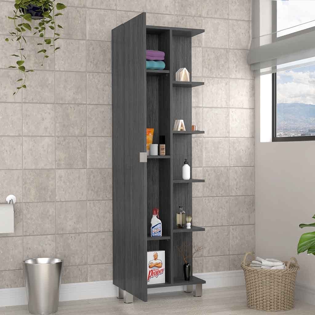 Corner Cabinet Womppi, Five Open Shelves, Single Door, Smokey Oak Finish