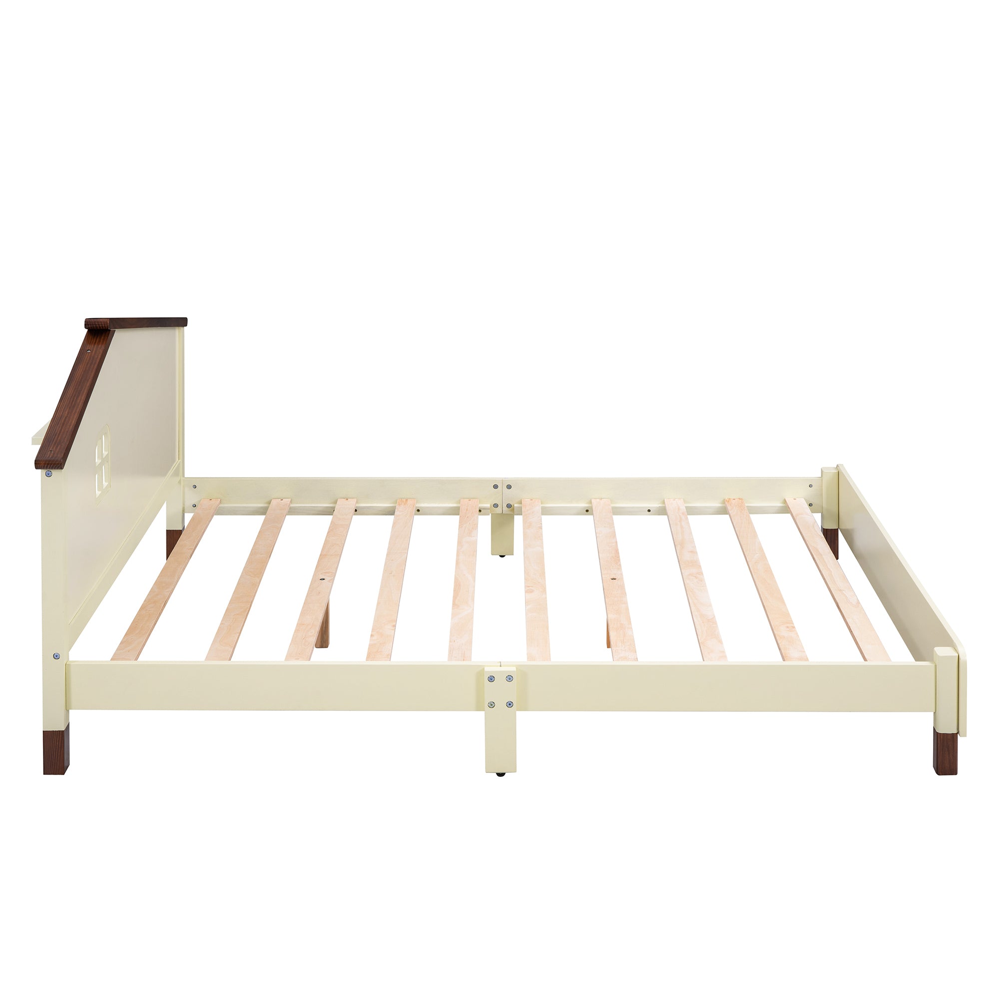 Full Size Wood Platform Bed with House-shaped Headboard  (Cream+Walnut)