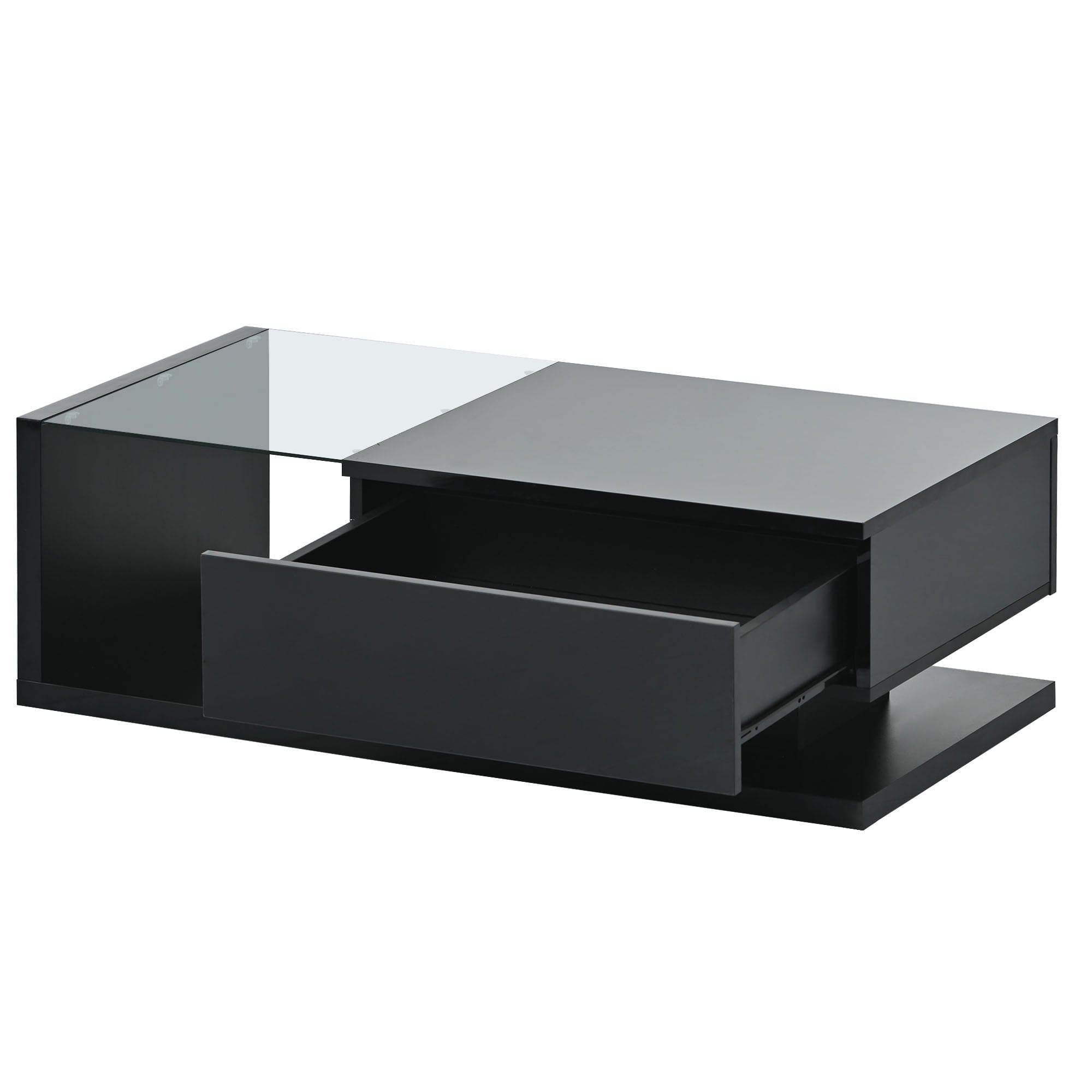 ON-TREND Modern Coffee Table with Tempered Glass, Wooden Cocktail Table with High-gloss UV Surface, Modernist 2-Tier Rectangle Center Table for Living Room, Black