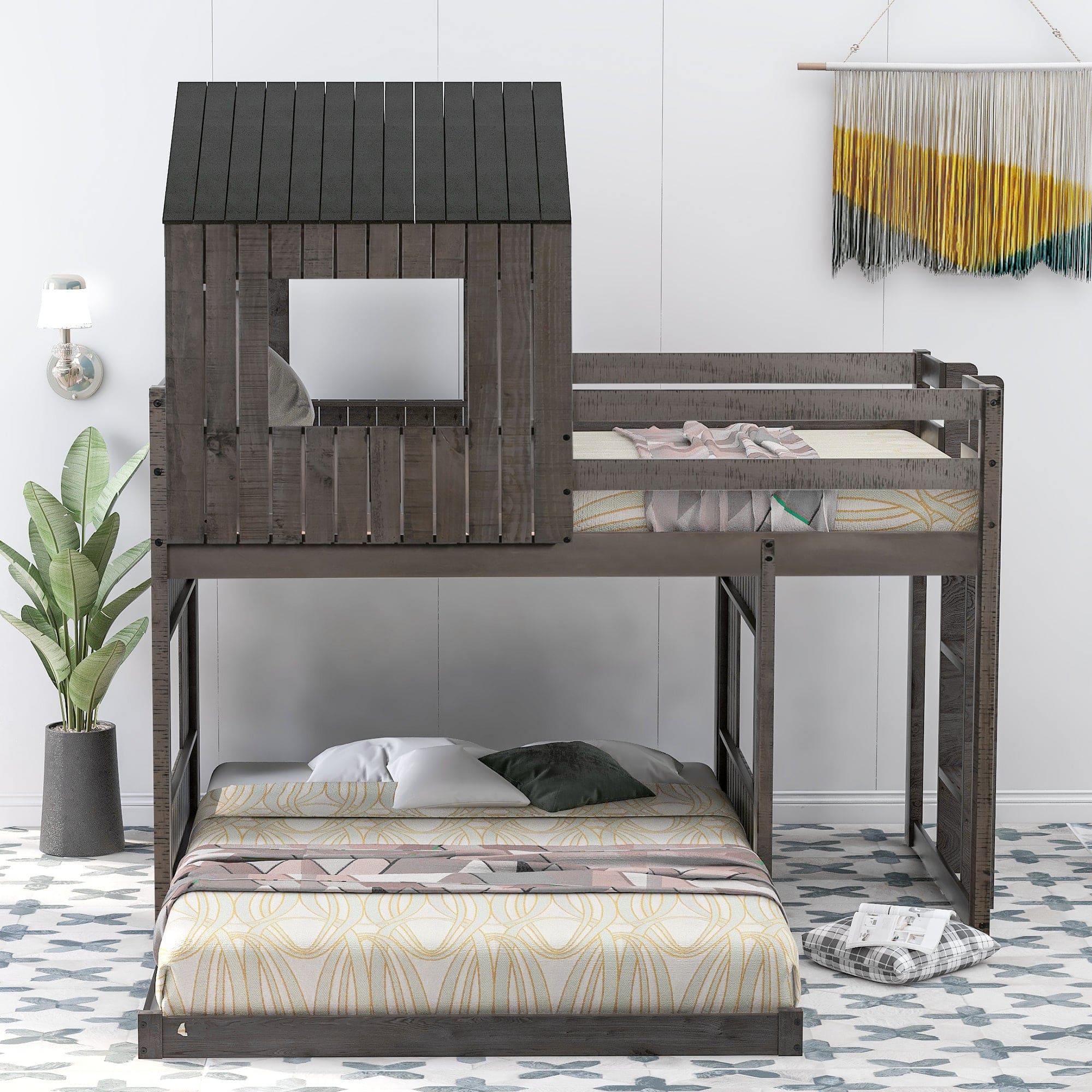 Wooden Twin Over Full Bunk Bed, Loft Bed with Playhouse, Farmhouse, Ladder and Guardrails , Antique Gray( old sku: LT000027AAE )