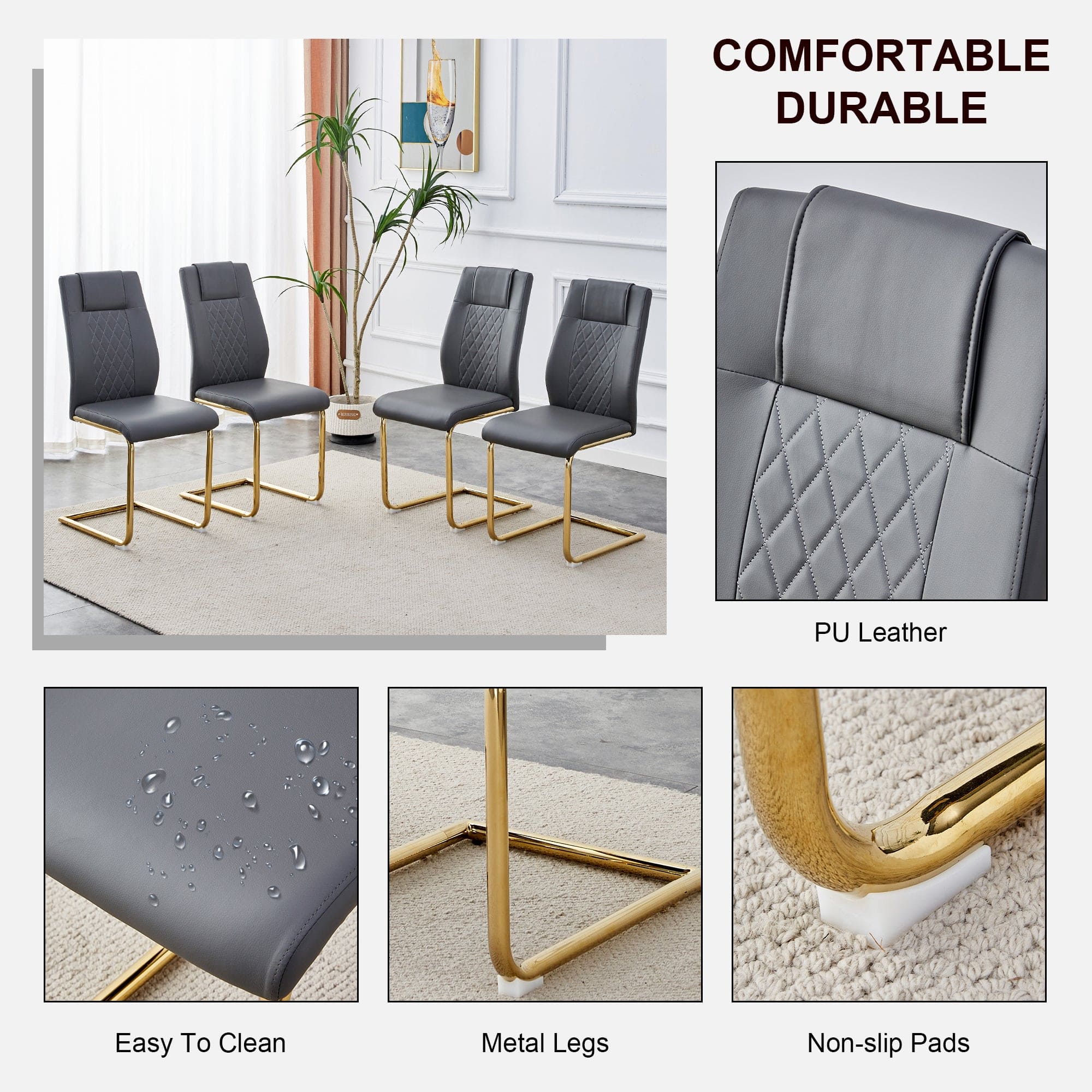 Modern dining chairs, restaurant chairs, and gold legged upholstered chairs made of artificial leather, suitable for kitchens, living rooms, bedrooms, and offices. Set of 4 pieces (gray+PU )C-001