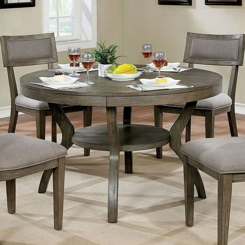 Rustic Grey Solid wood 5pc Dining Set Round Dining Table w Shelf And 4sx Side Chairs Dining Room Furniture Fabric Upholstered Seat