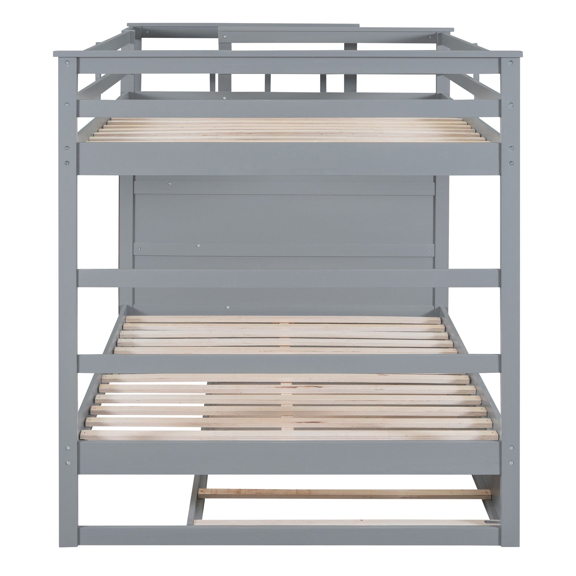 Full Over Full Bunk Bed with Twin Size Trundle and Staircase, Gray