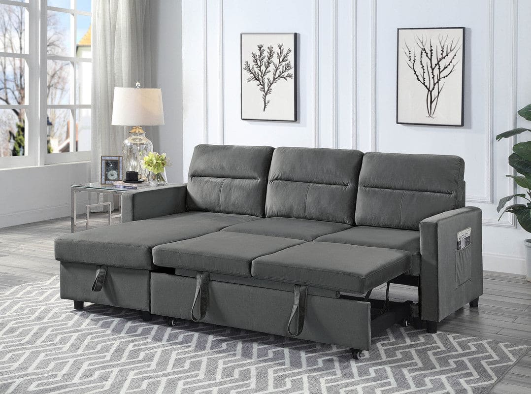 Ivy Dark Gray Velvet Reversible Sleeper Sectional Sofa with Storage Chaise and Side Pocket