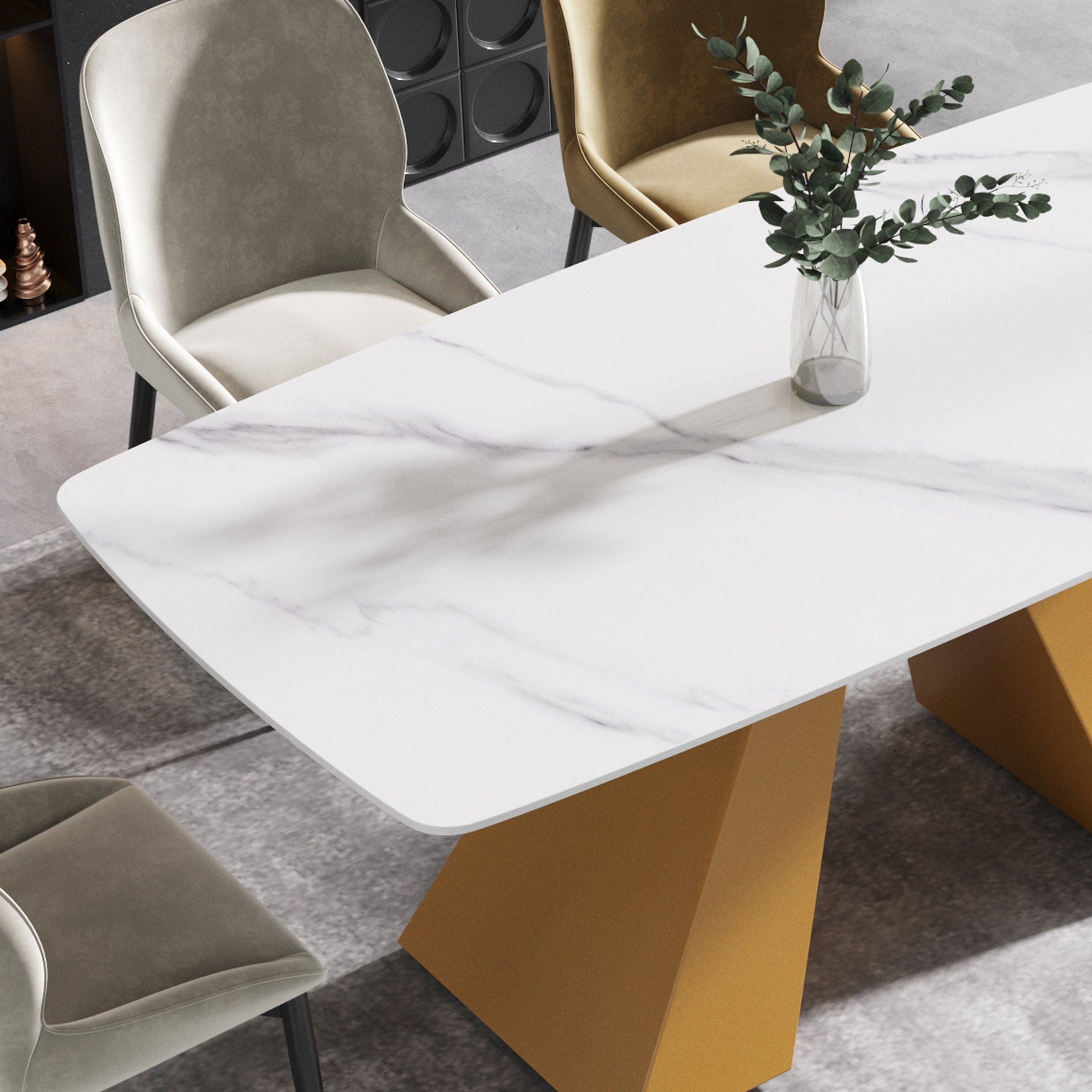 70.87"Modern artificial stone white curved golden metal leg dining table-can accommodate 6-8 people