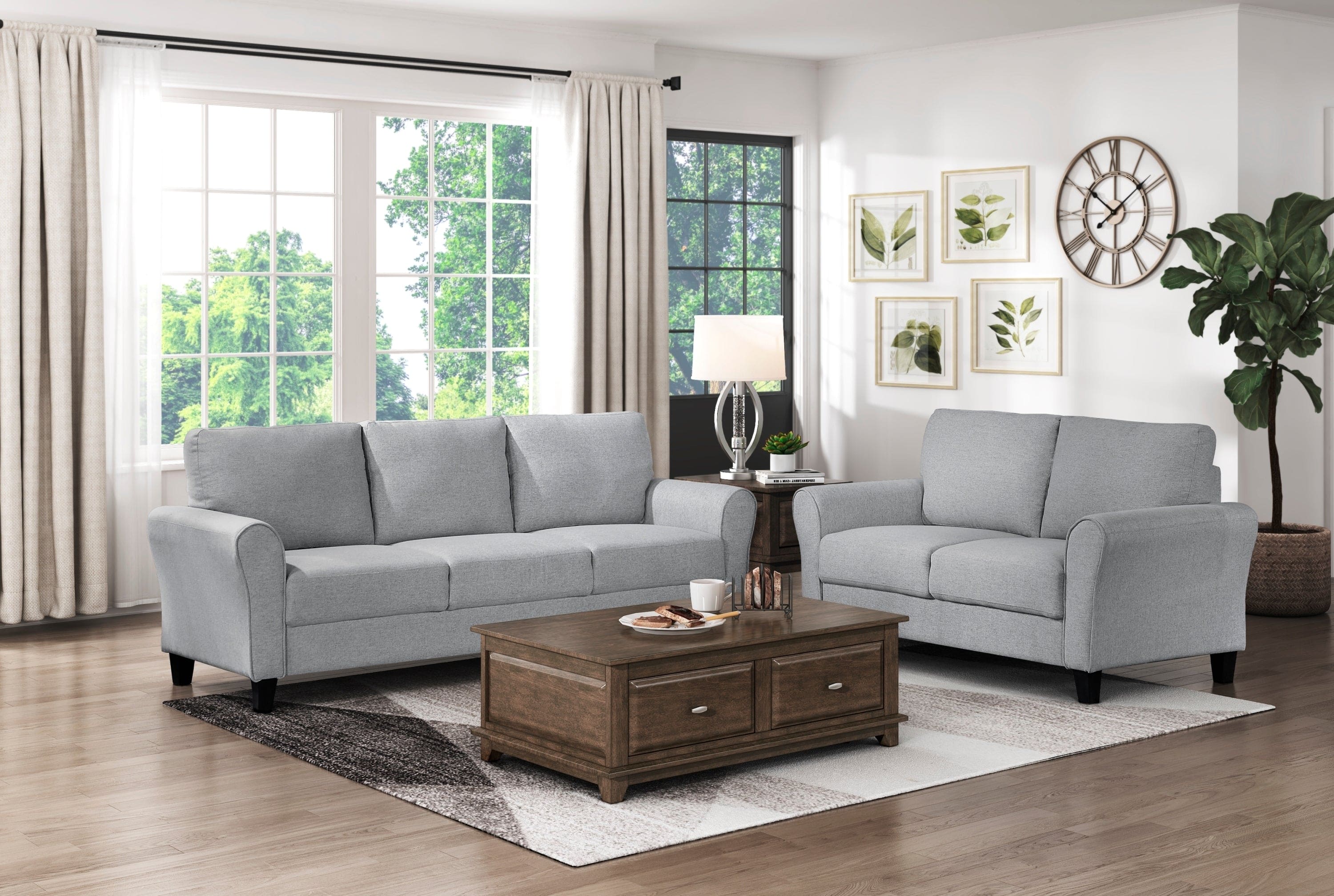 Modern 1pc Loveseat Dark Gray Textured Fabric Upholstered Rounded Arms Attached Cushions Transitional Living Room Furniture