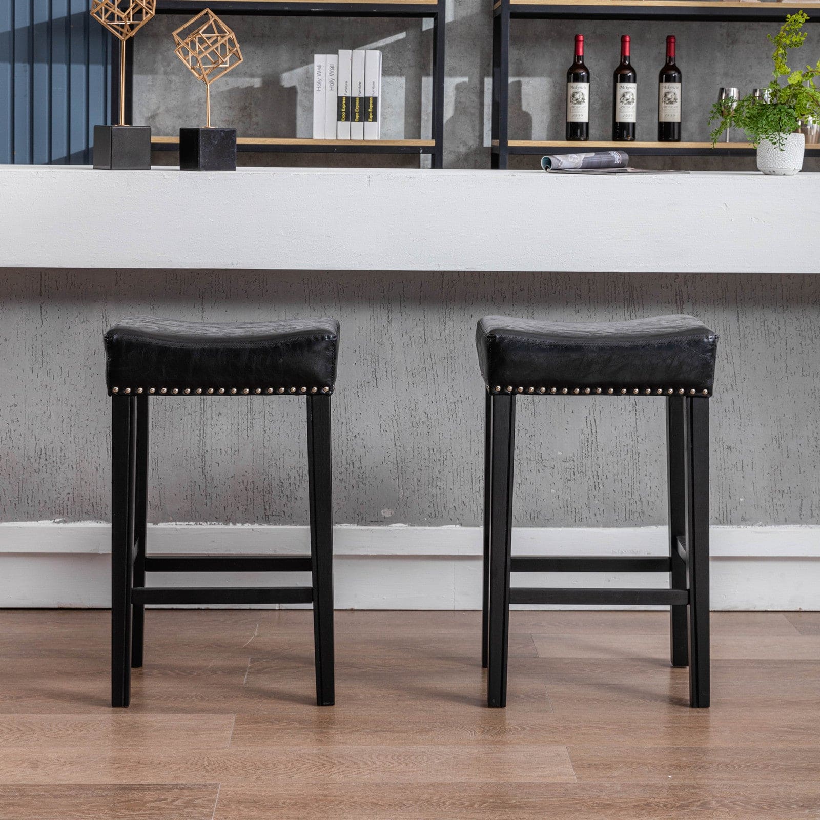 A&A Furniture,Counter Height 29" Bar Stools for Kitchen Counter Backless Faux Leather Stools Farmhouse Island Chairs (29 Inch, Black, Set of 2)