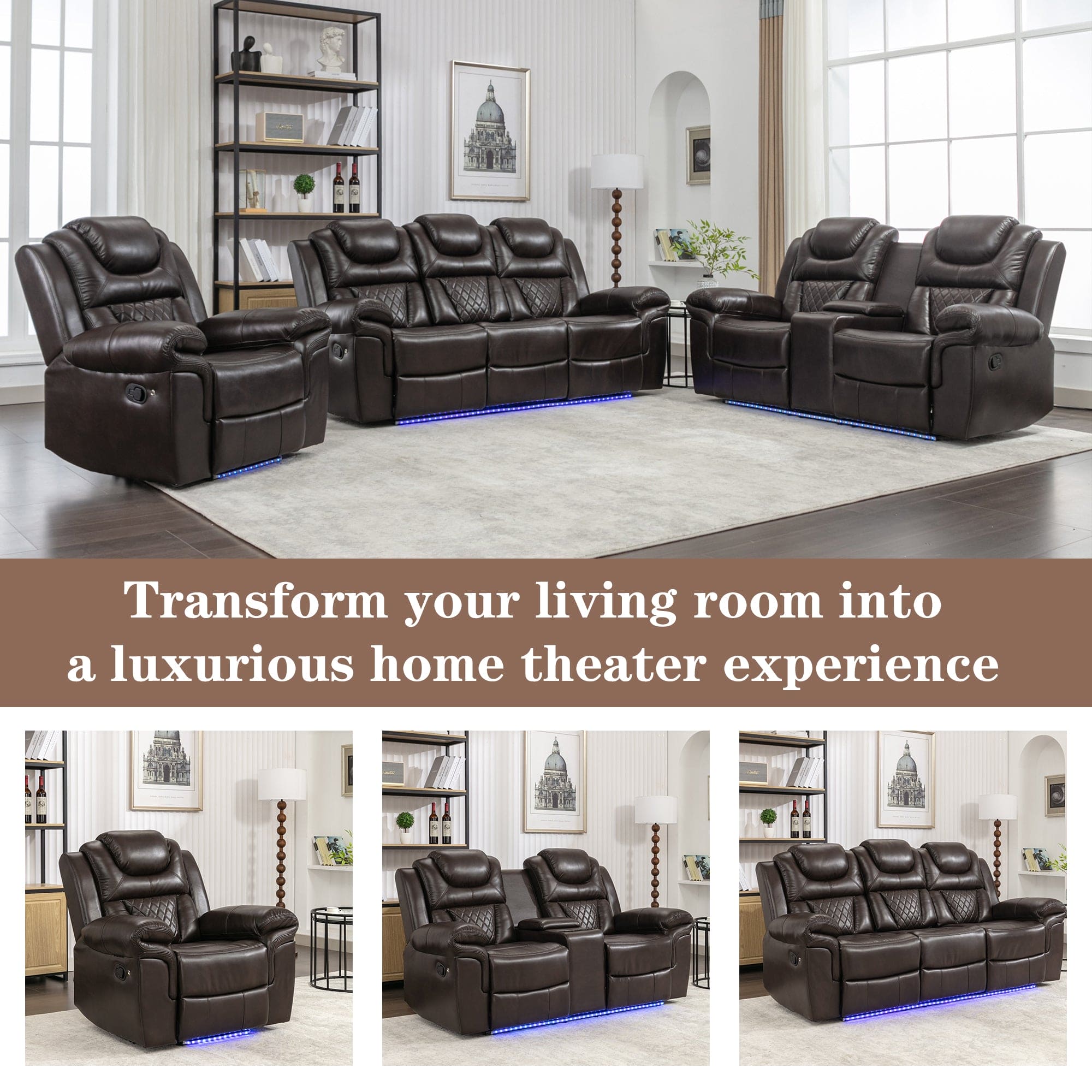 Home Theater Seating Manual Recliner Loveseat with Hide-Away Storage, Cup Holders and LED Light Strip for Living Room, Brown