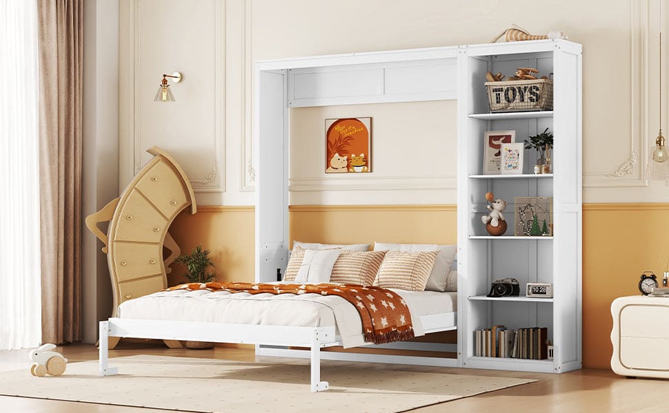 Full Size Murphy Bed Wall Bed with Shelves,White