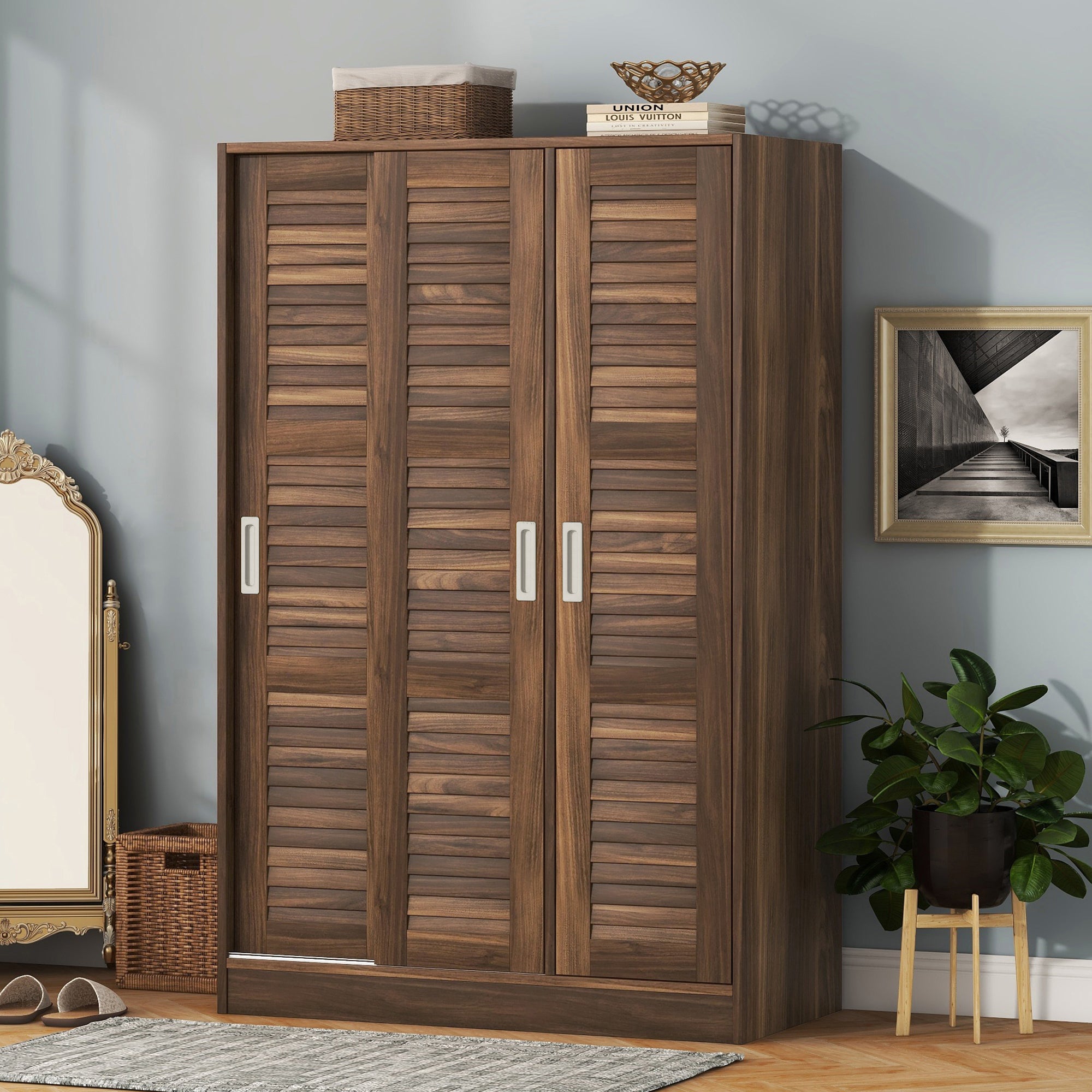 3-Door Shutter Wardrobe with shelves, Walnut