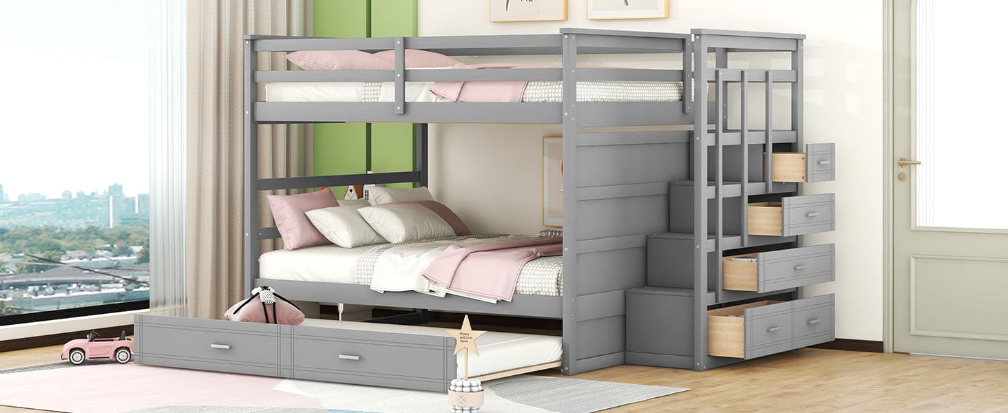 Full Over Full Bunk Bed with Twin Size Trundle and Staircase, Gray