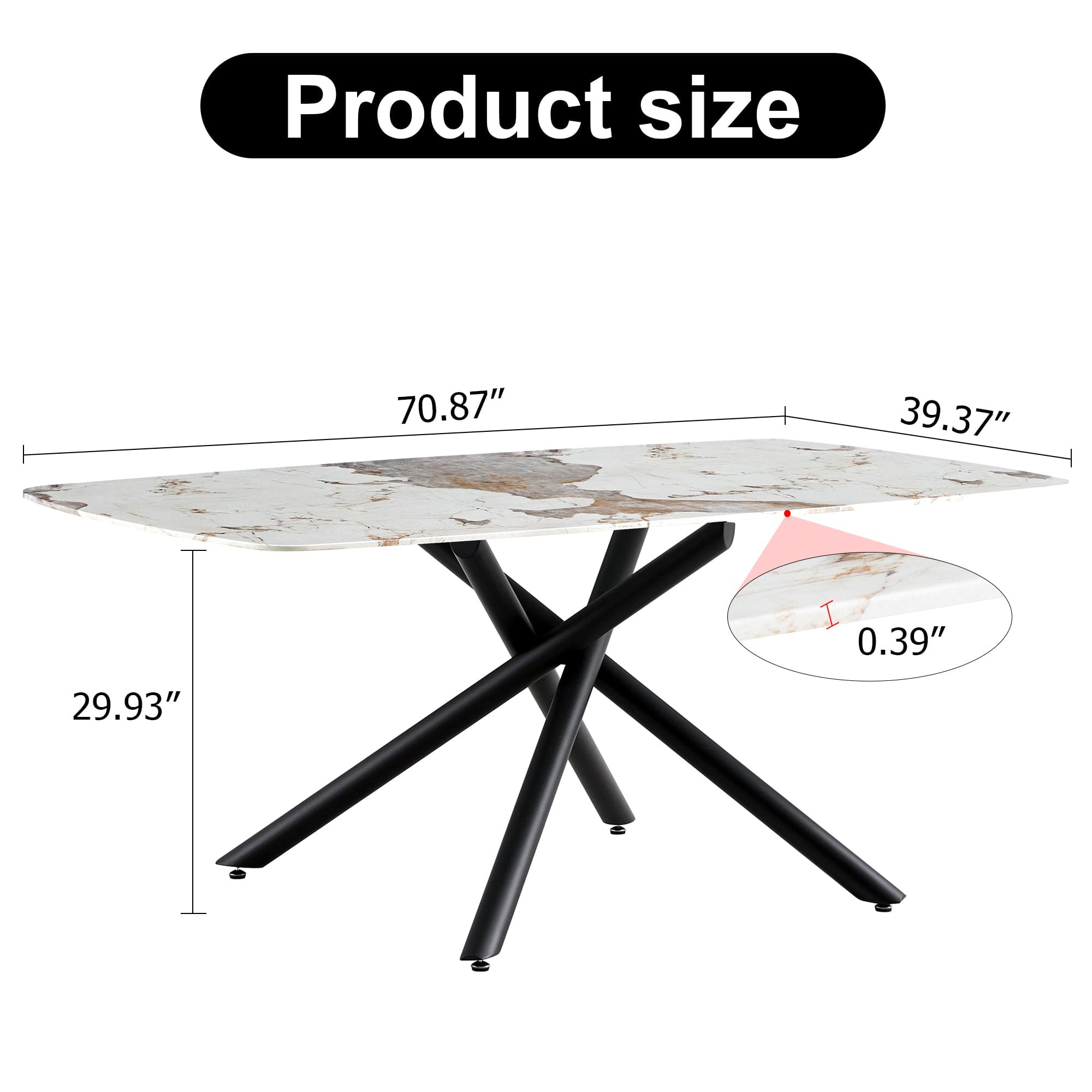 Large rectangular imitation marble dining table, 6-8 seats, 0.39 "black artificial marble countertop, smooth chrome legs, Sleek Chrome Legs. Perfect for Kitchen, Dining, Living, Meeting, Banquet 1537