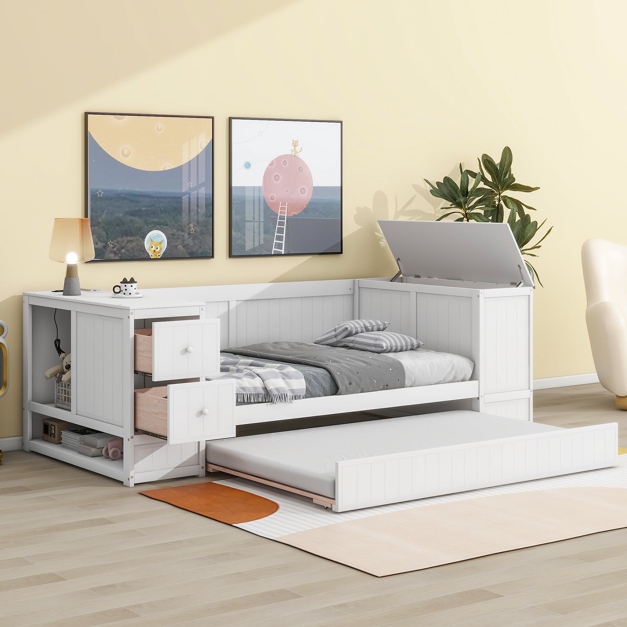 Twin Size Daybed with Storage Arms, Trundle and Charging Station, White