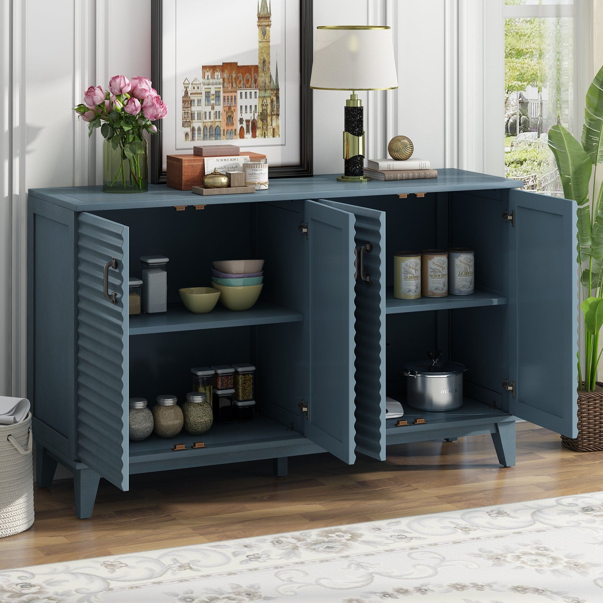 TREXM Sideboard with 4 Door Large Storage Buffet with Adjustable Shelves and Metal Handles for Kitchen, Living Room, Dining Room (Navy)