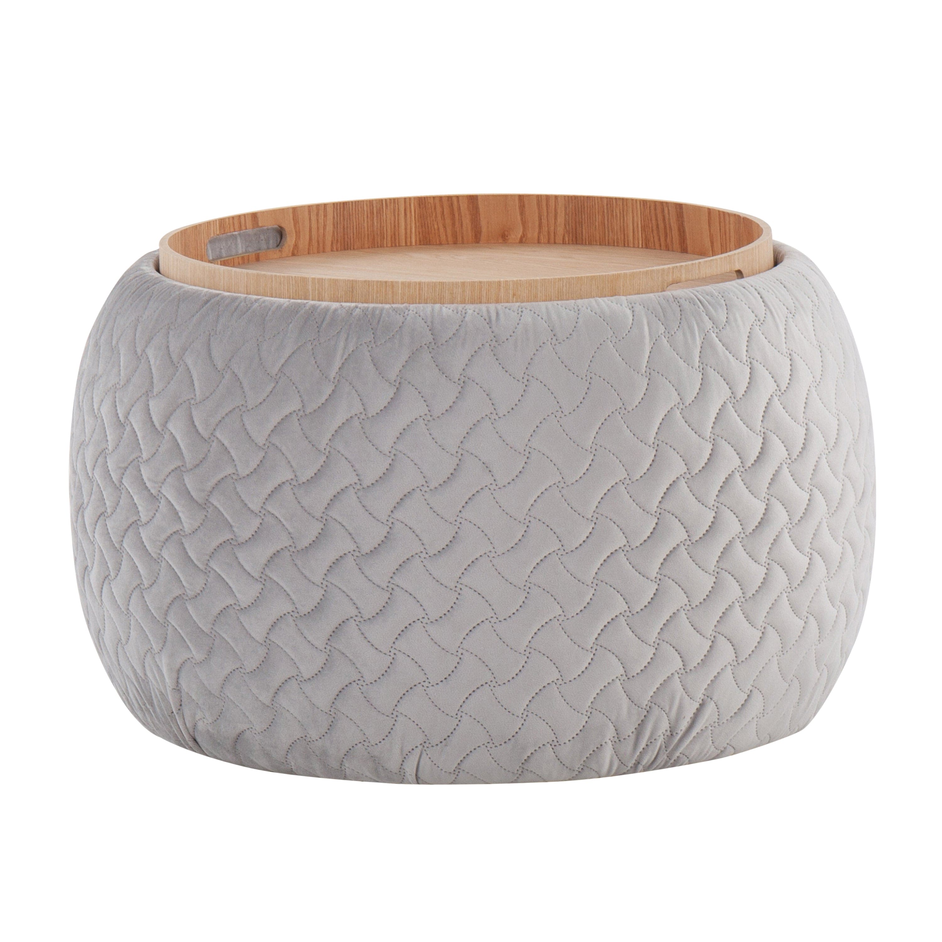 Tray Pouf Contemporary Ottoman in Natural Wood and Silver Velvet by LumiSource