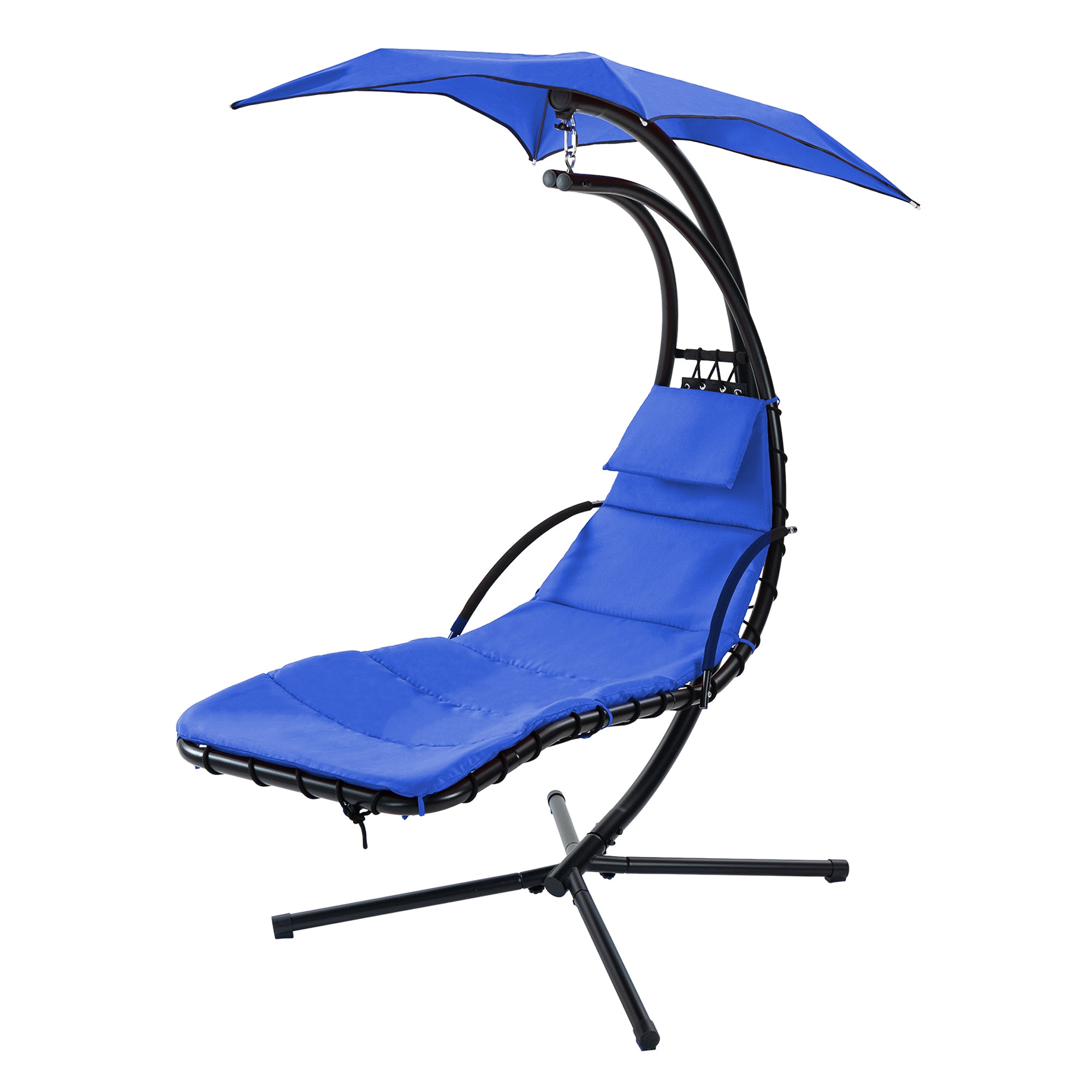 Hanging Chaise Lounger with Removable Canopy, Outdoor Swing Chair with Built-in Pillow, Hanging Curved Chaise Lounge Chair Swing for Patio Porch Poolside, Hammock Chair with Stand (Blue)