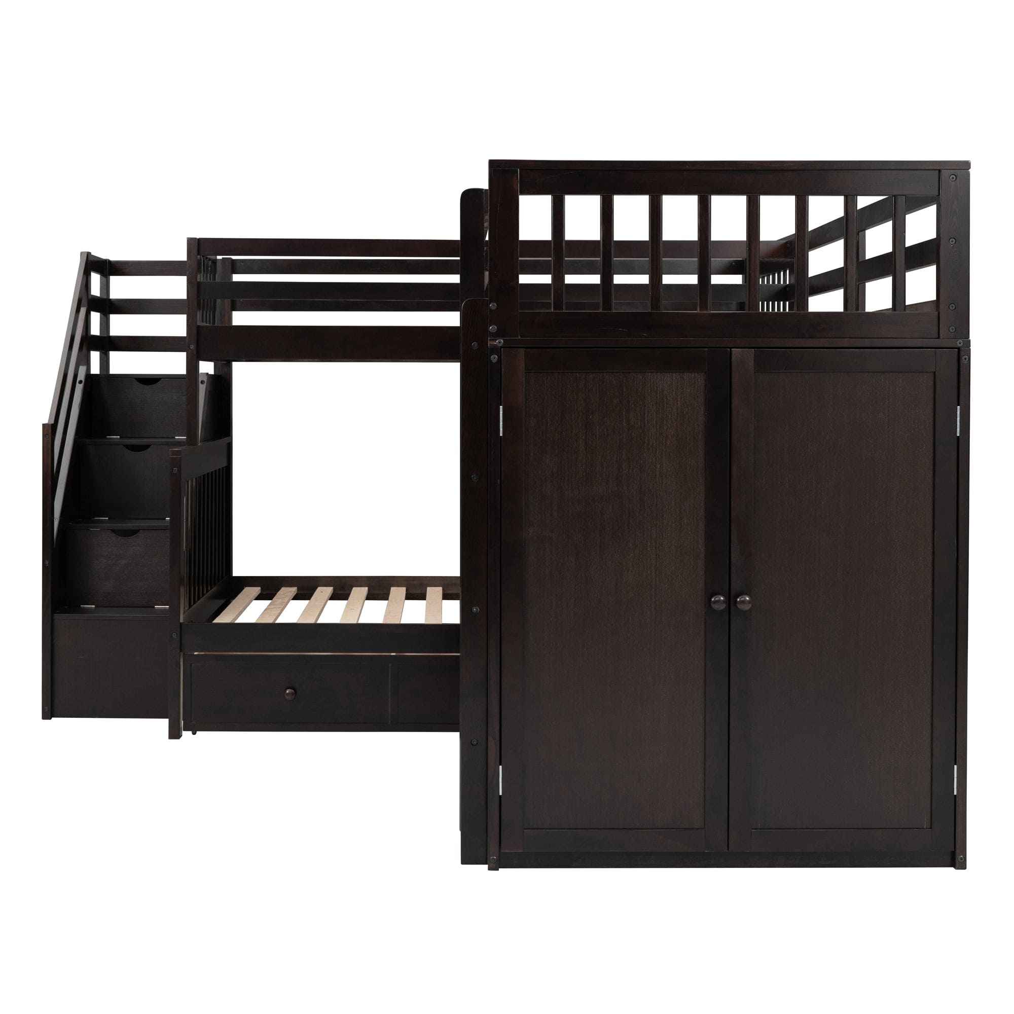 Twin-Twin over Full L-Shaped Bunk Bed With 3 Drawers, Portable Desk and Wardrobe, Espresso