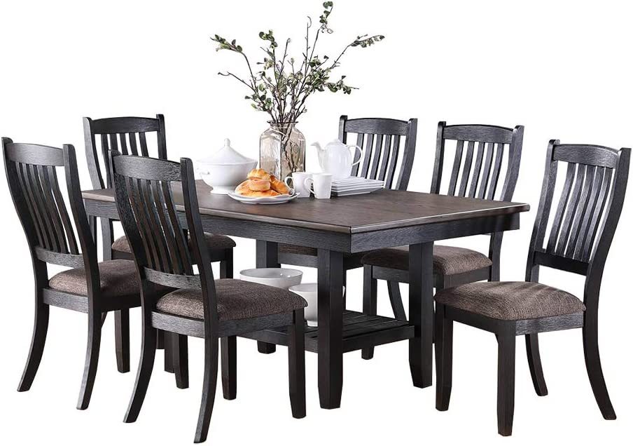 Transitional Dining Room 7pc Set Dark Coffee Rubberwood Dining Table w Shelf and 6x Side Chairs Fabric Upholstered seats Unique Back Chairs