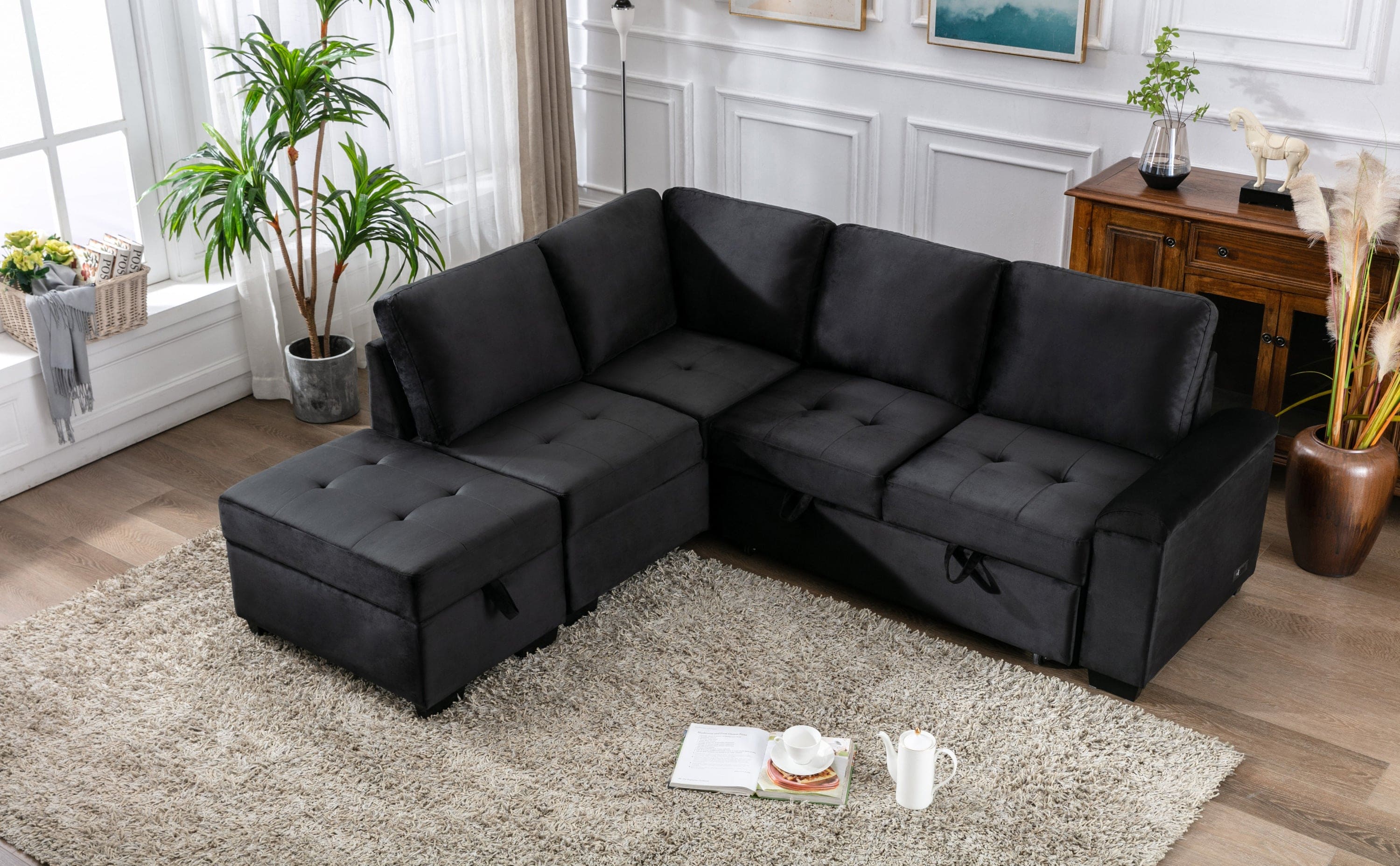 Sleeper Sectional Sofa, L-Shape Corner Couch Sofa-Bed with Storage Ottoman & Hidden Arm Storage & USB Charge  for Living Room Apartment, Black