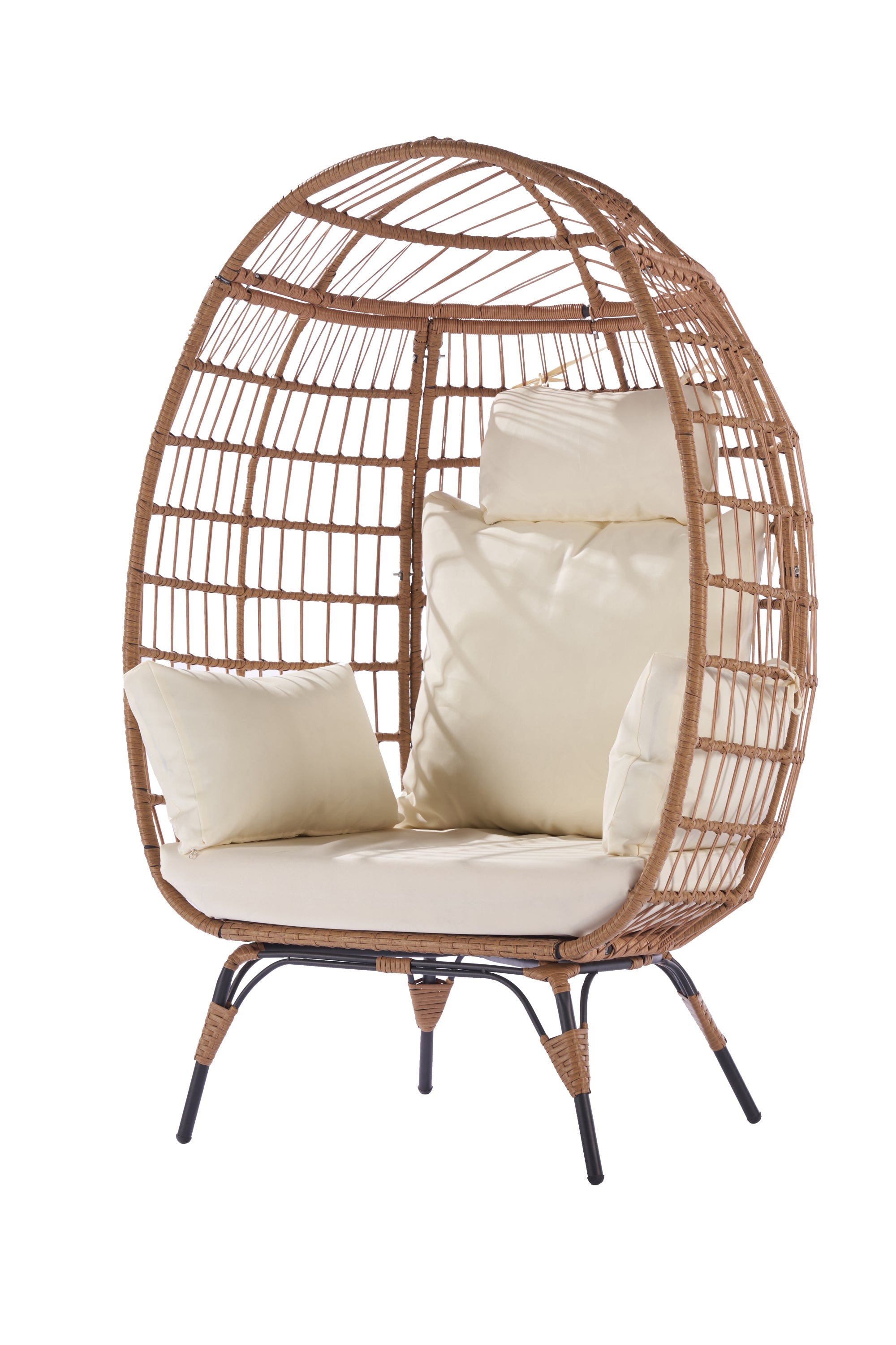 Wicker Egg Chair, Oversized Indoor Outdoor Lounger for Patio, Backyard, Living Room w/ 5 Cushions, Steel Frame, 440lb Capacity - Beige