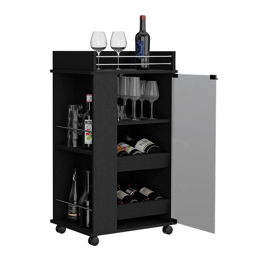 Bar Cart with Two-Side Shelves Beaver, Glass Door and Upper Surface, Black Wengue Finish