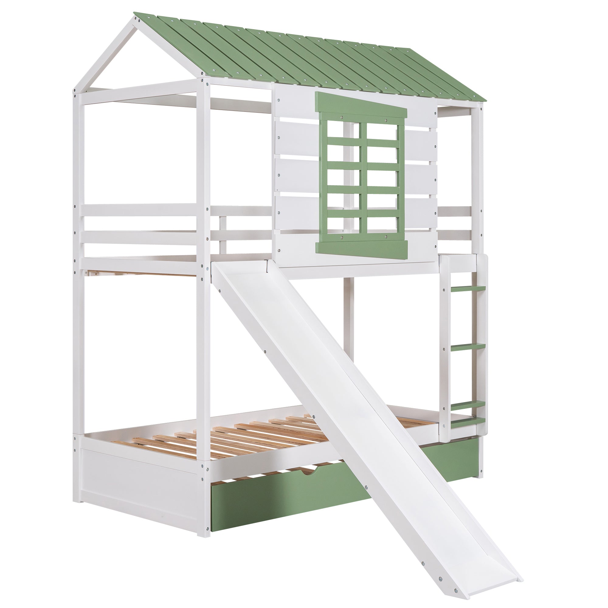 Twin over Twin Size House Bunk Bed with Convertible Slide and Trundle, White+Green