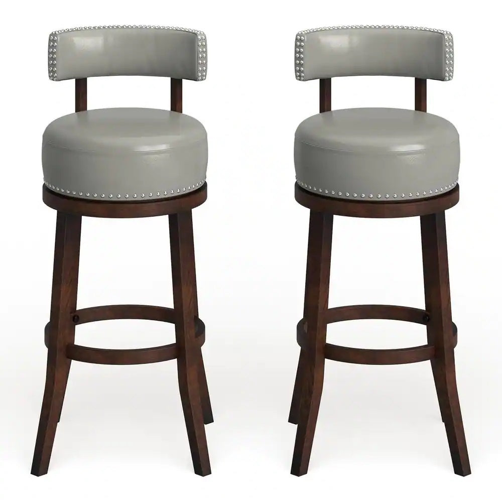 Sherly Set of 2 Bar stool 30" Swivel Stool Dark Oak Solid wood Dark Gray Leatherette Chairs Dining Room