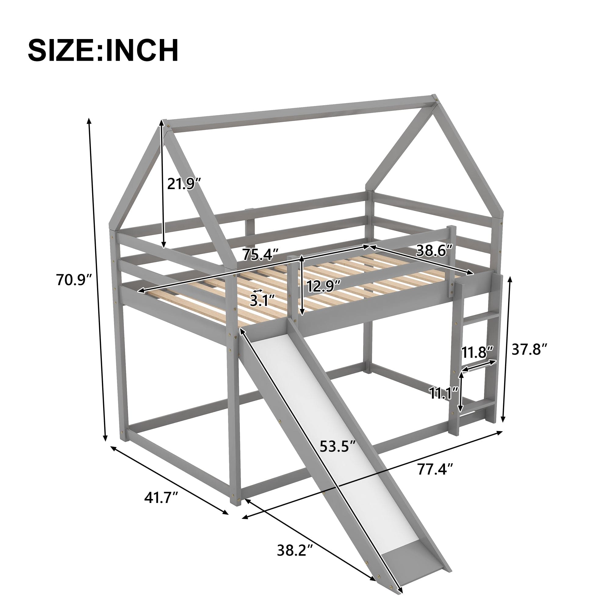 Twin Size Bunk House Bed with Slide and Ladder,Gray