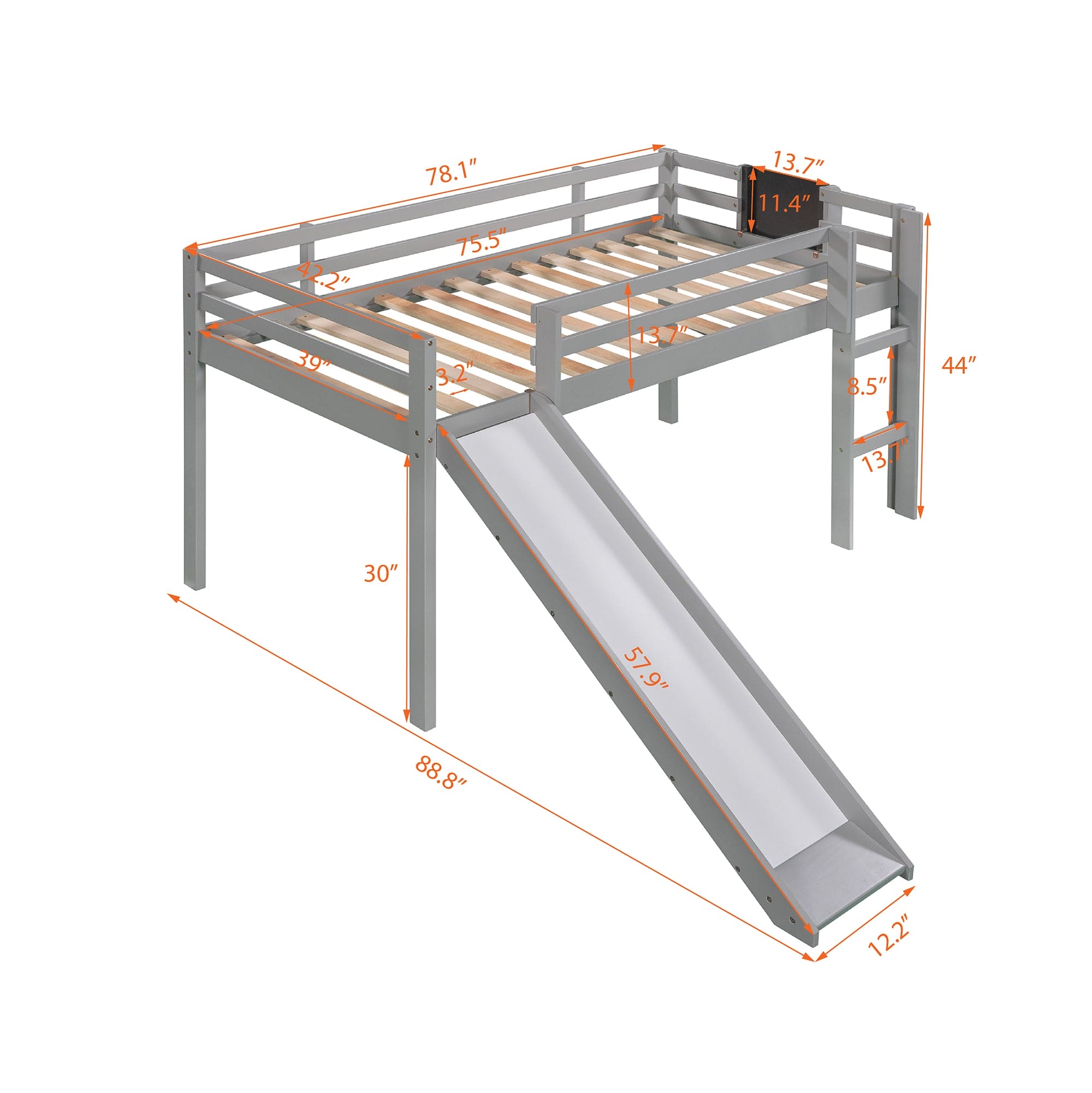 Twin size Loft Bed Wood Bed with Slide, Stair and Chalkboard,Gray(OLD SKU :WF282115AAE)