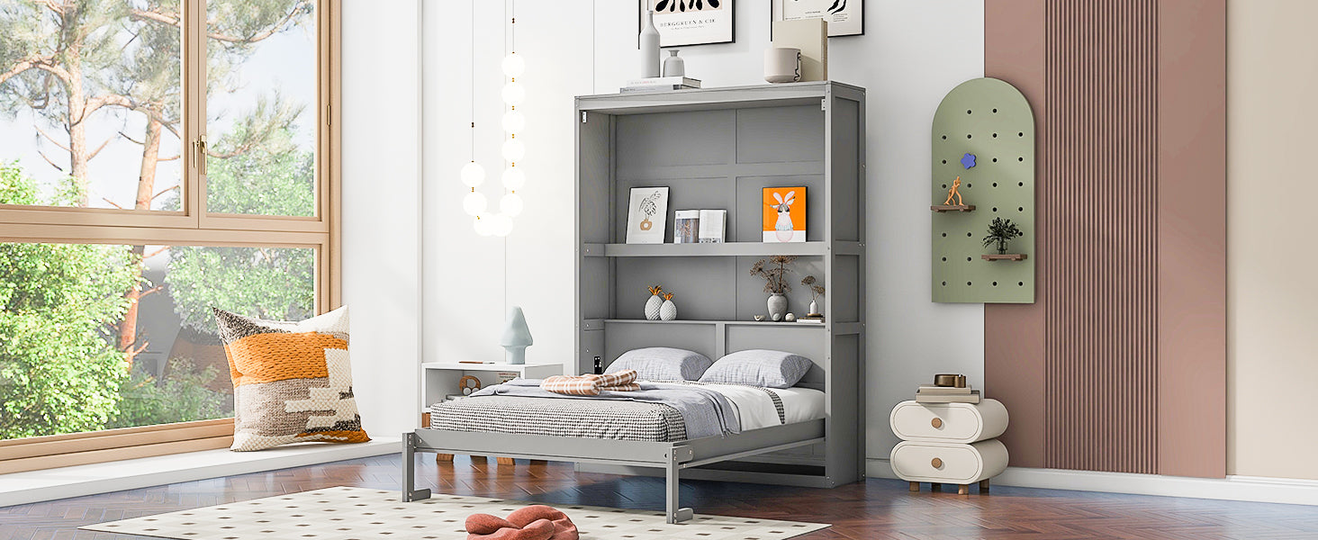 Full Size Murphy Bed Wall Bed with Shelves,Gray