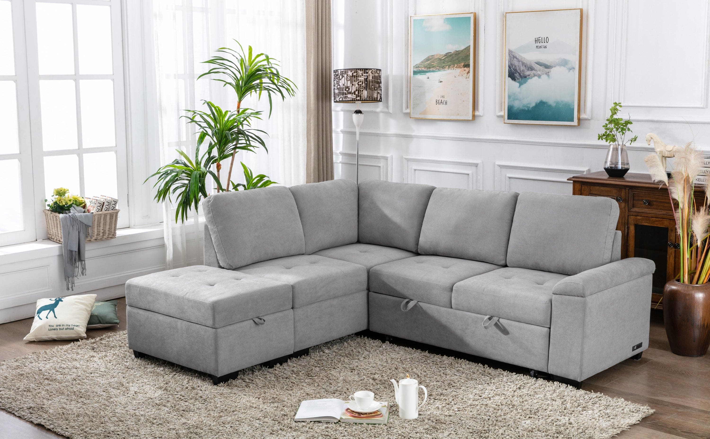 Sleeper Sectional Sofa, L-Shape Corner Couch Sofa-Bed with Storage Ottoman & Hidden Arm Storage & USB Charge  for Living Room Apartment, Gray