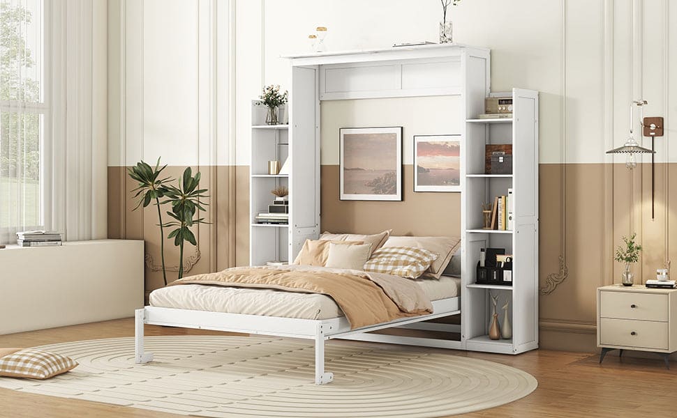 Full Size Murphy Bed Wall Bed with Shelves and LED Lights,White