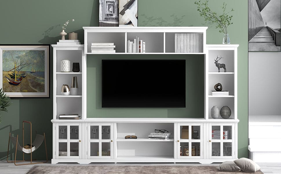 ON-TREND Minimalism Style Entertainment Wall Unit with Bridge, Modern TV Console Table for TVs Up to 70", Multifunctional TV Stand with Tempered Glass Door, White (Old SKU: SD000009AAK)