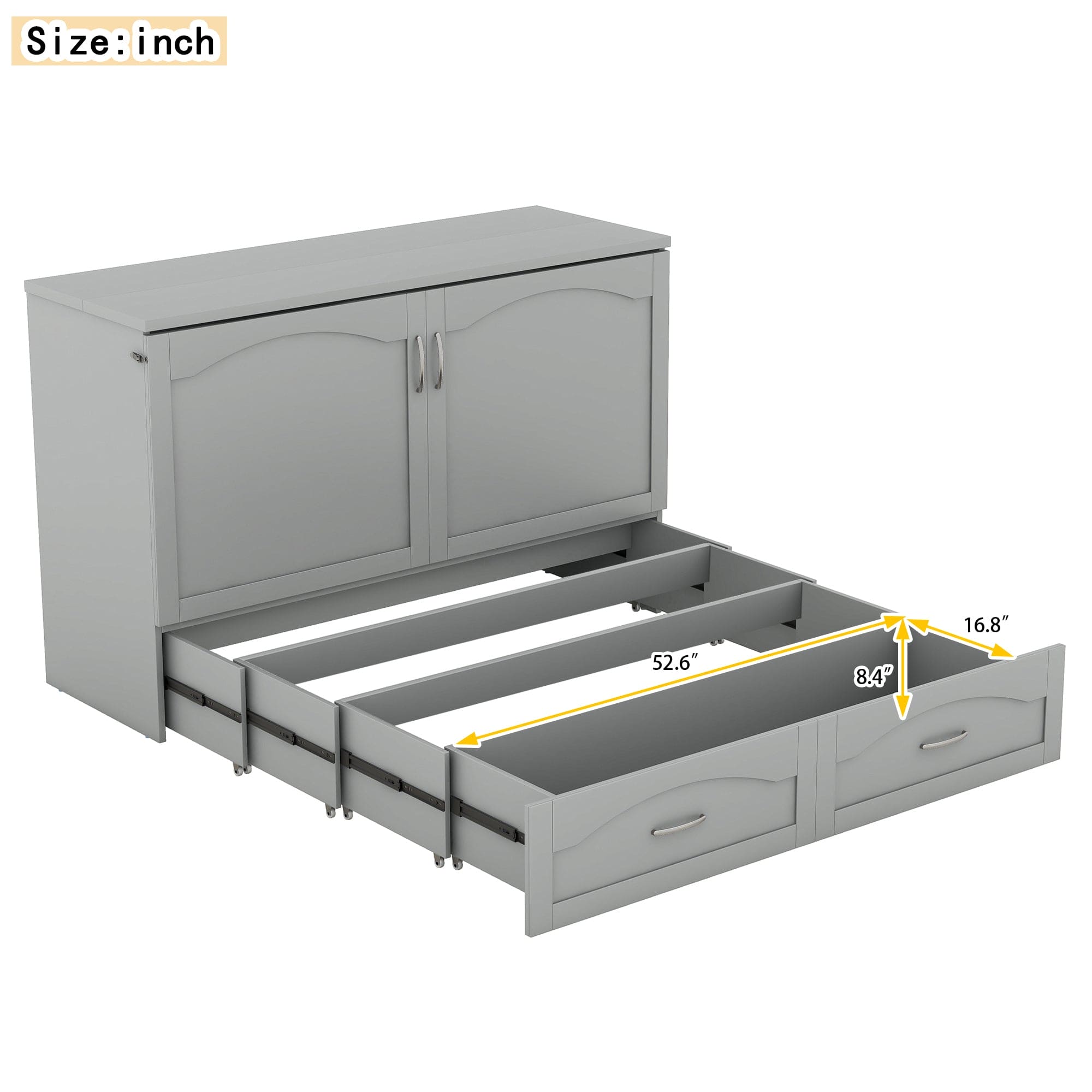 Queen Size Murphy Bed Wall Bed with drawer and a set of Sockets & USB Ports, Pulley Structure Design, Gray