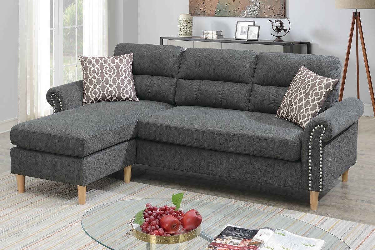 Slate Color Polyfiber Reversible Sectional Sofa Set Chaise Pillows Plush Cushion Couch Nailheads